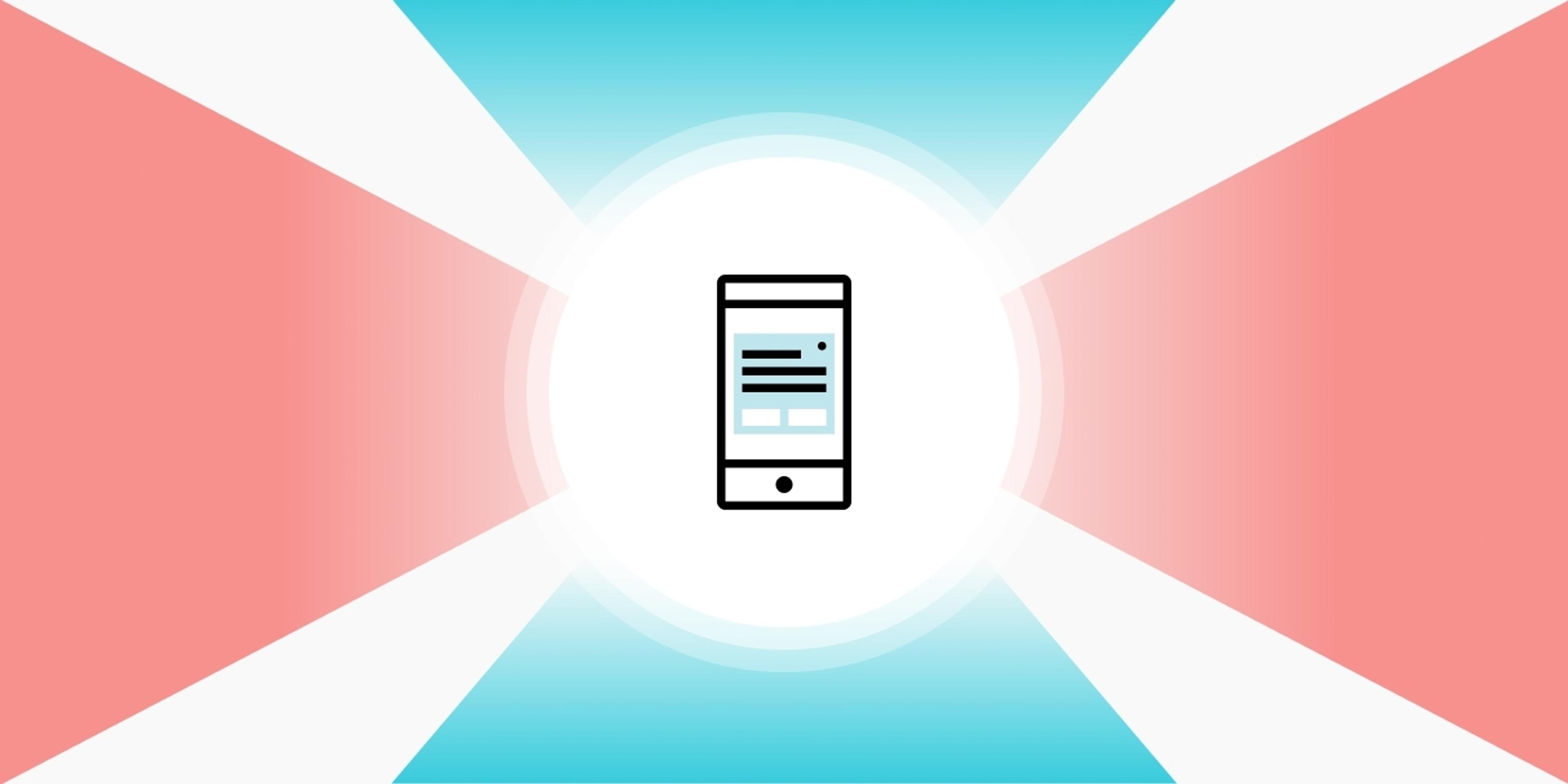 A phone in a white, pink, and blue background