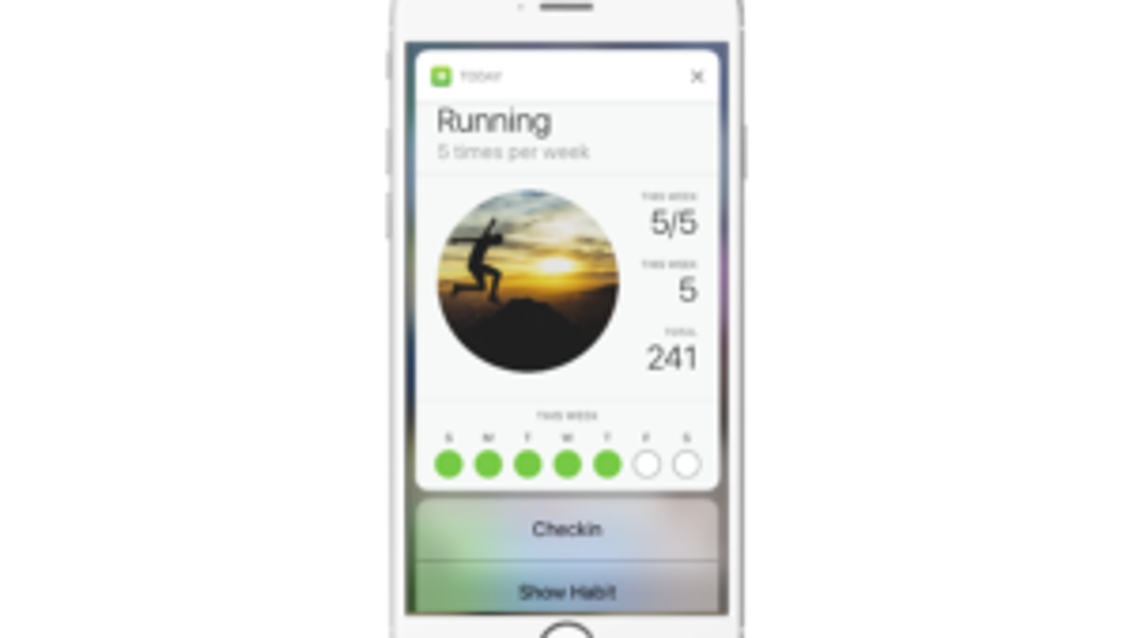 A smartphone screen displaying a fitness app tracking running activity, showing progress for the week and total runs. The user can check in or show their habit.
