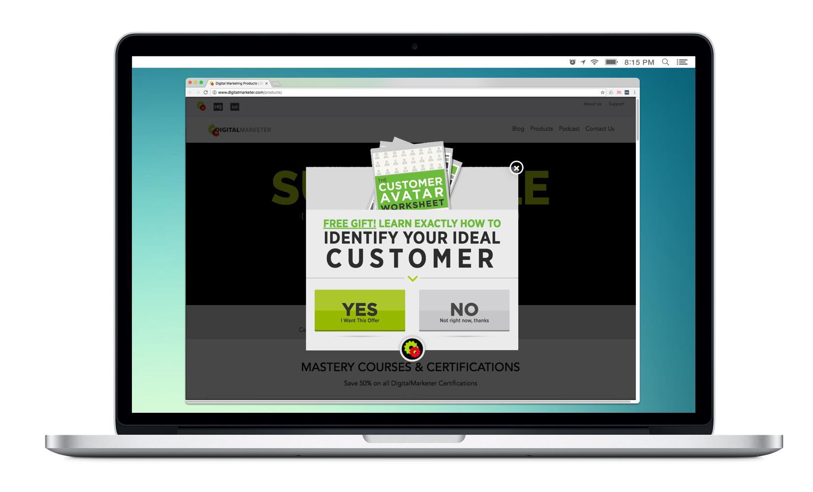 A laptop screen displaying a website with a pop-up offering a free gift to learn how to identify an ideal customer. The pop-up includes "YES" and "NO" buttons.