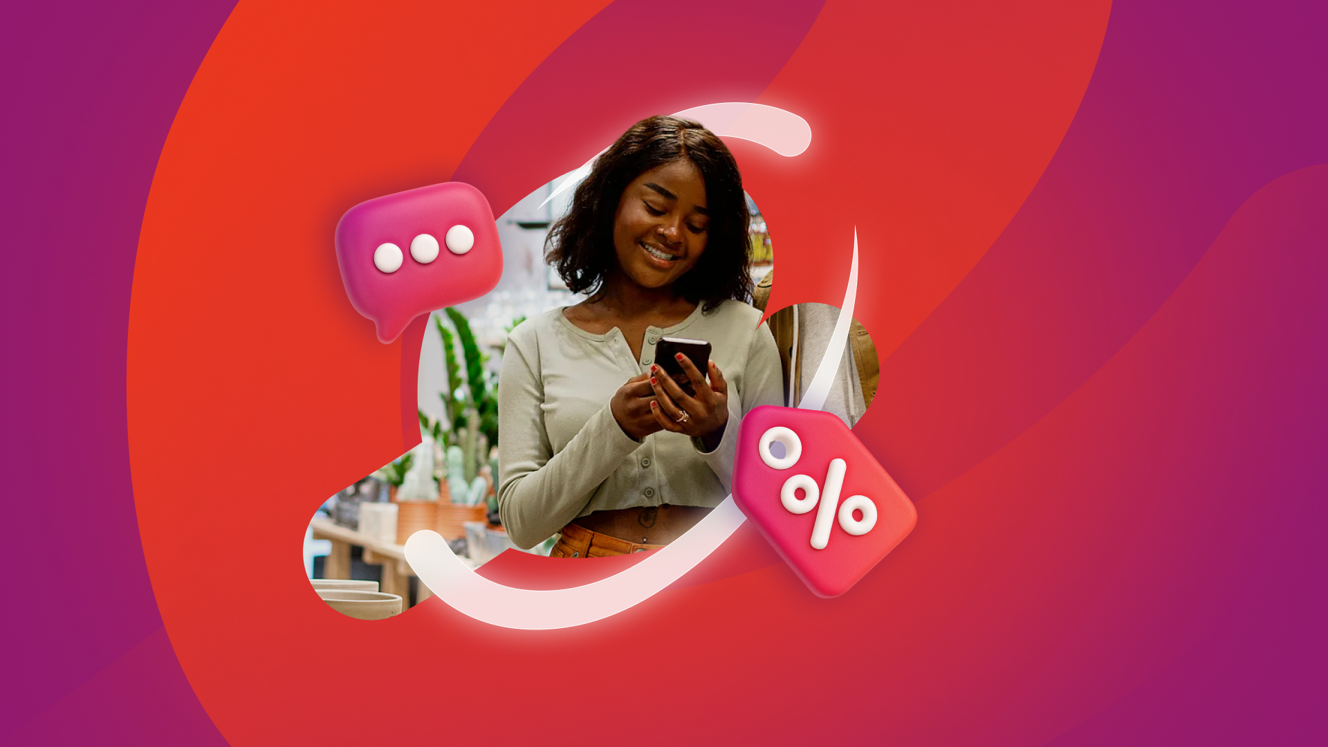 Smiling woman using phone with 3D chat bubble and discount tag icons on a red and purple background.