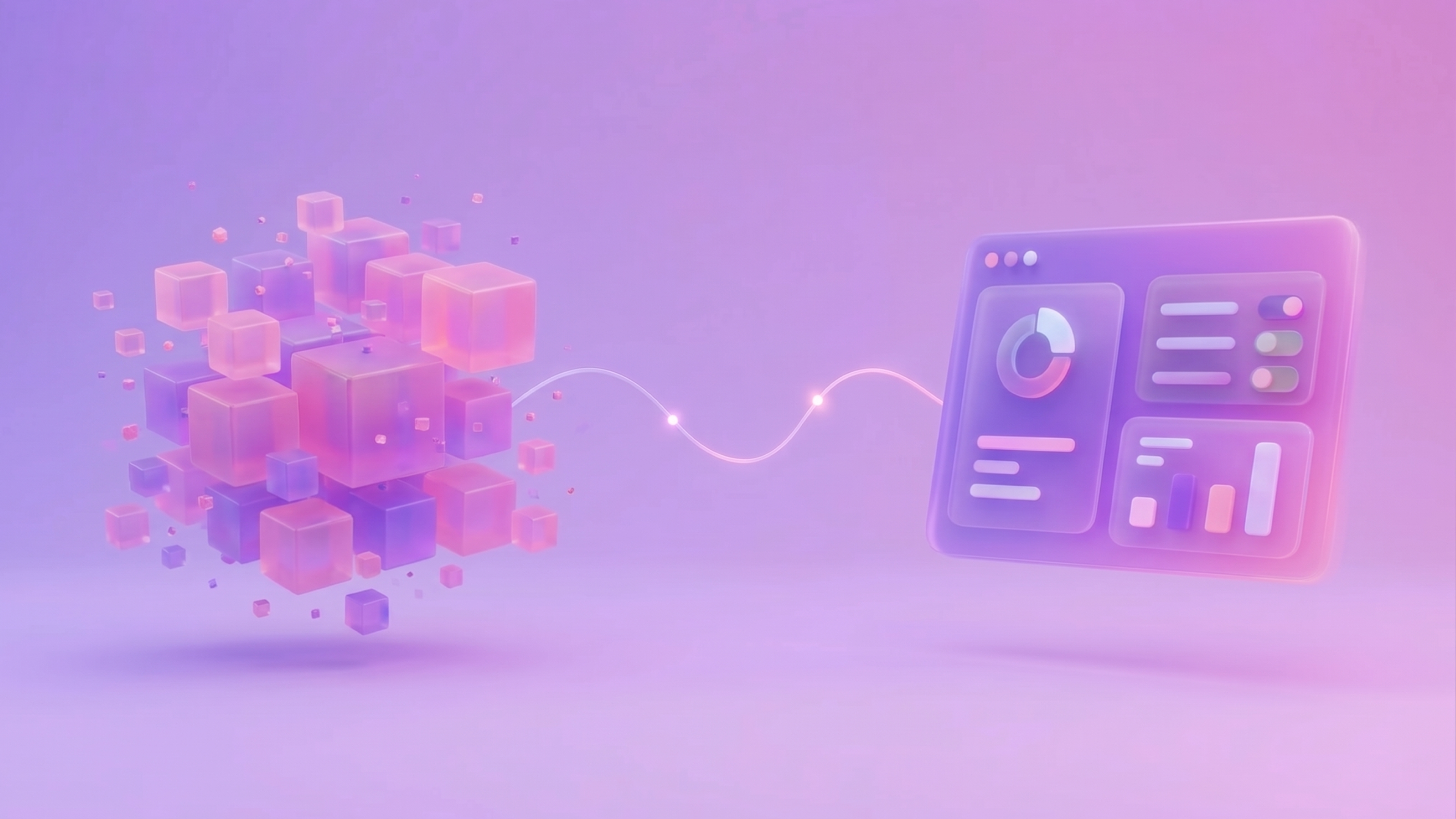 Abstract pink and purple cubes connected by a glowing line to a floating analytics dashboard.