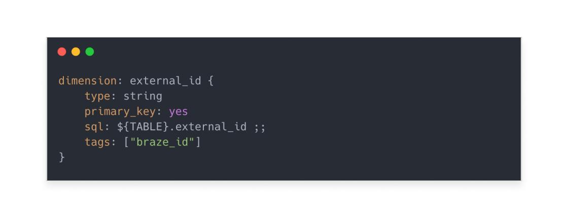 Code snippet defining a dimension called "external_id" with attributes for type, primary key, SQL query, and tags.