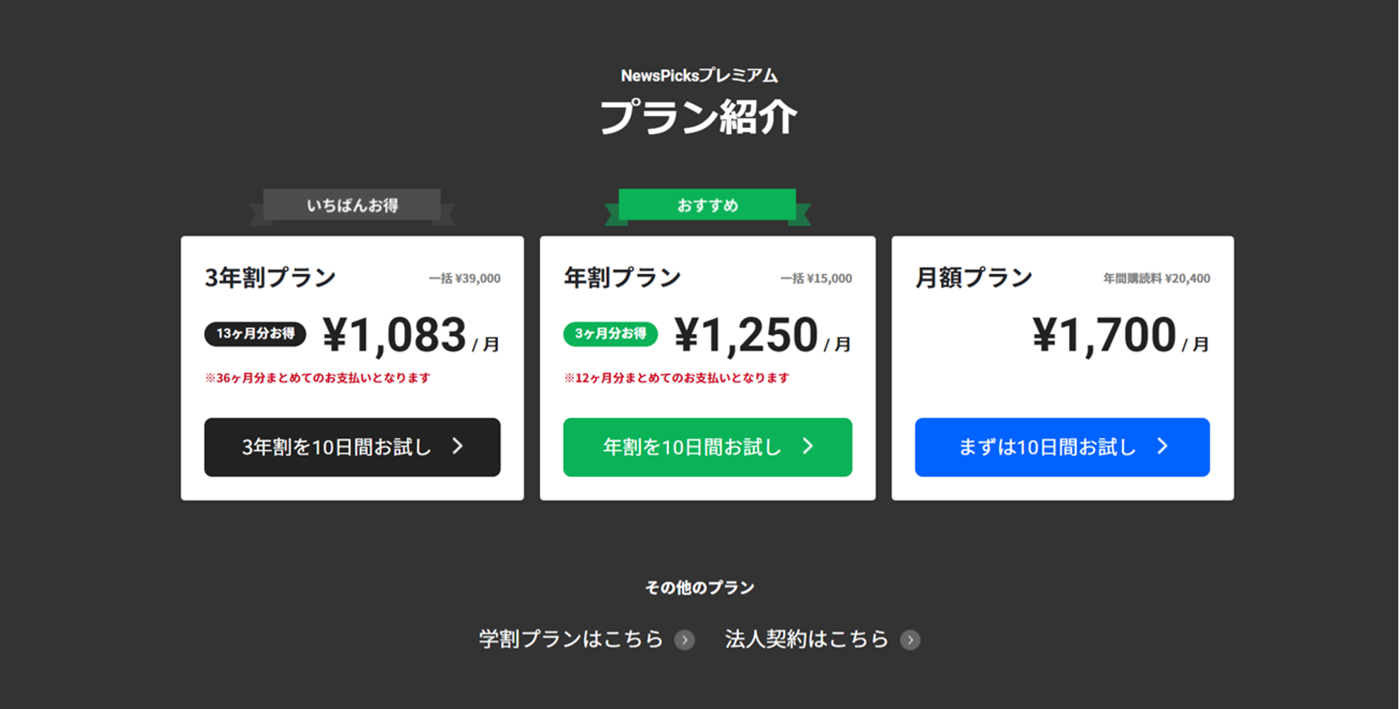 NewsPicksのプレミアムプランの紹介。3年プラン、年プラン、月プランの料金が表示されている。