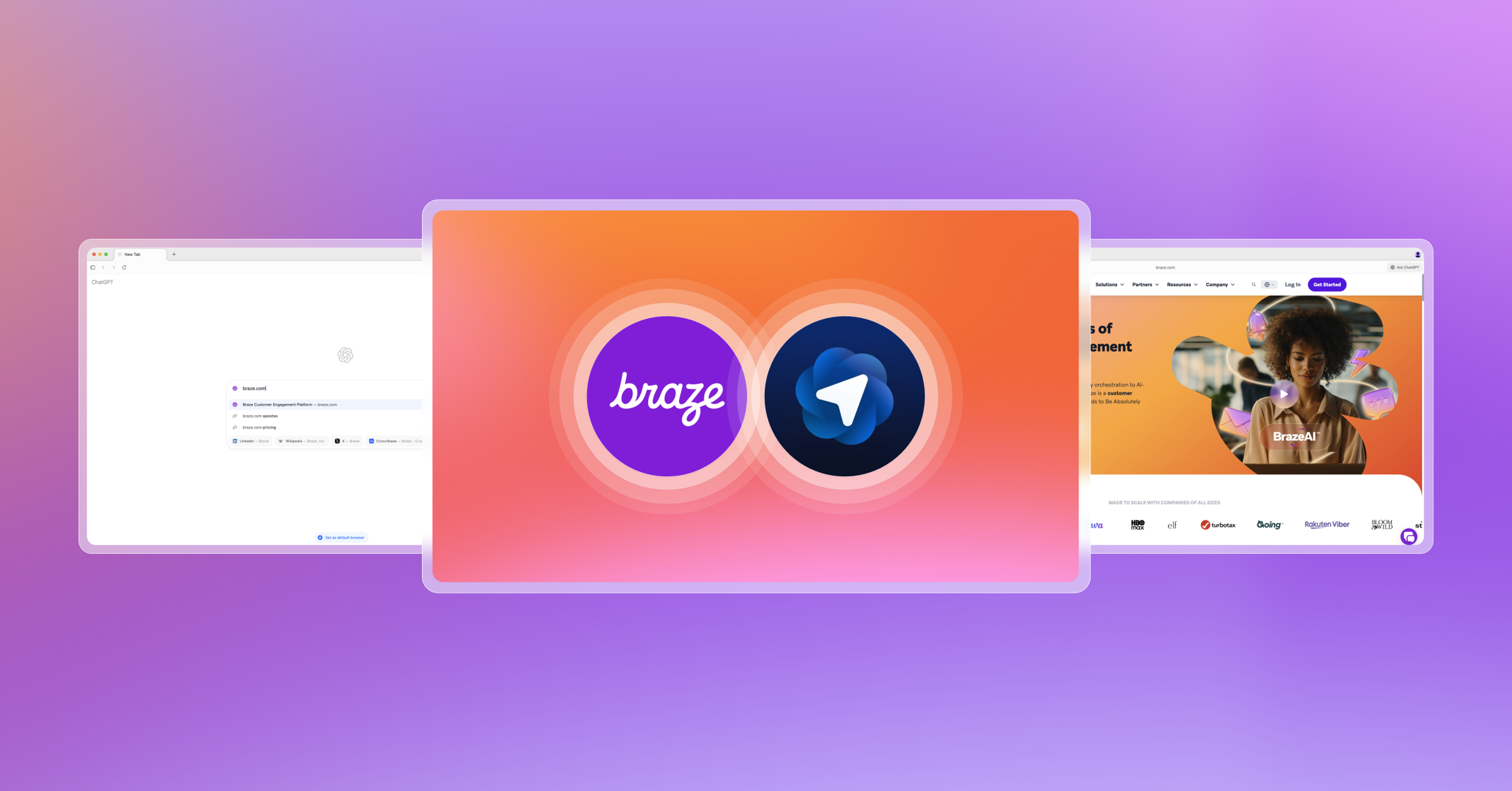 Central orange panel displays Braze and Intercom paper airplane logos, flanked by a dashboard and a webpage.