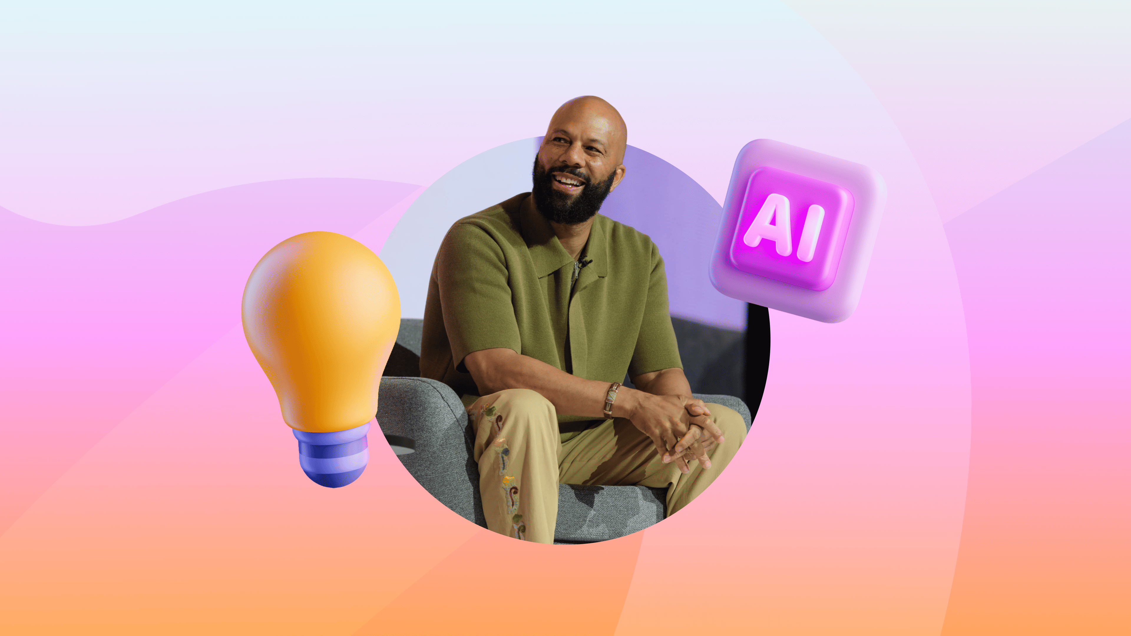 Smiling man seated in a chair is framed by colorful graphics of a lightbulb and a glowing AI icon on a pink and purple gradient background.