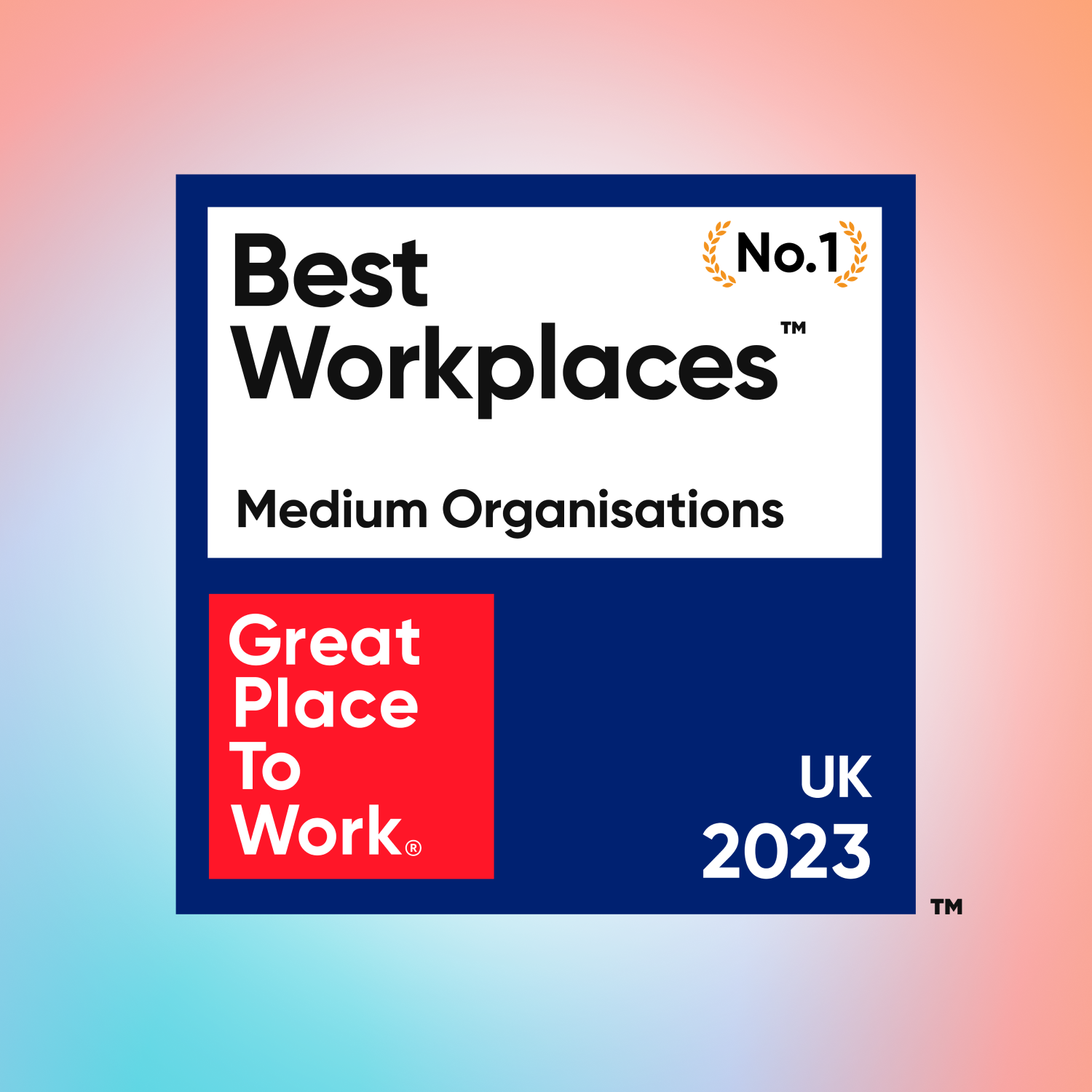 Logo for "Best Workplaces" award, indicating No. 1 in the Medium Organisations category for the UK in 2023.