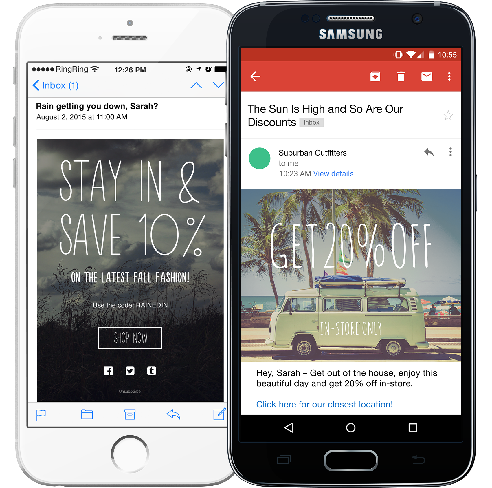 Two smartphones displaying email messages. One shows a promotional email about discounts on fall fashion, while the other highlights a message encouraging a visit to a store for a discount.