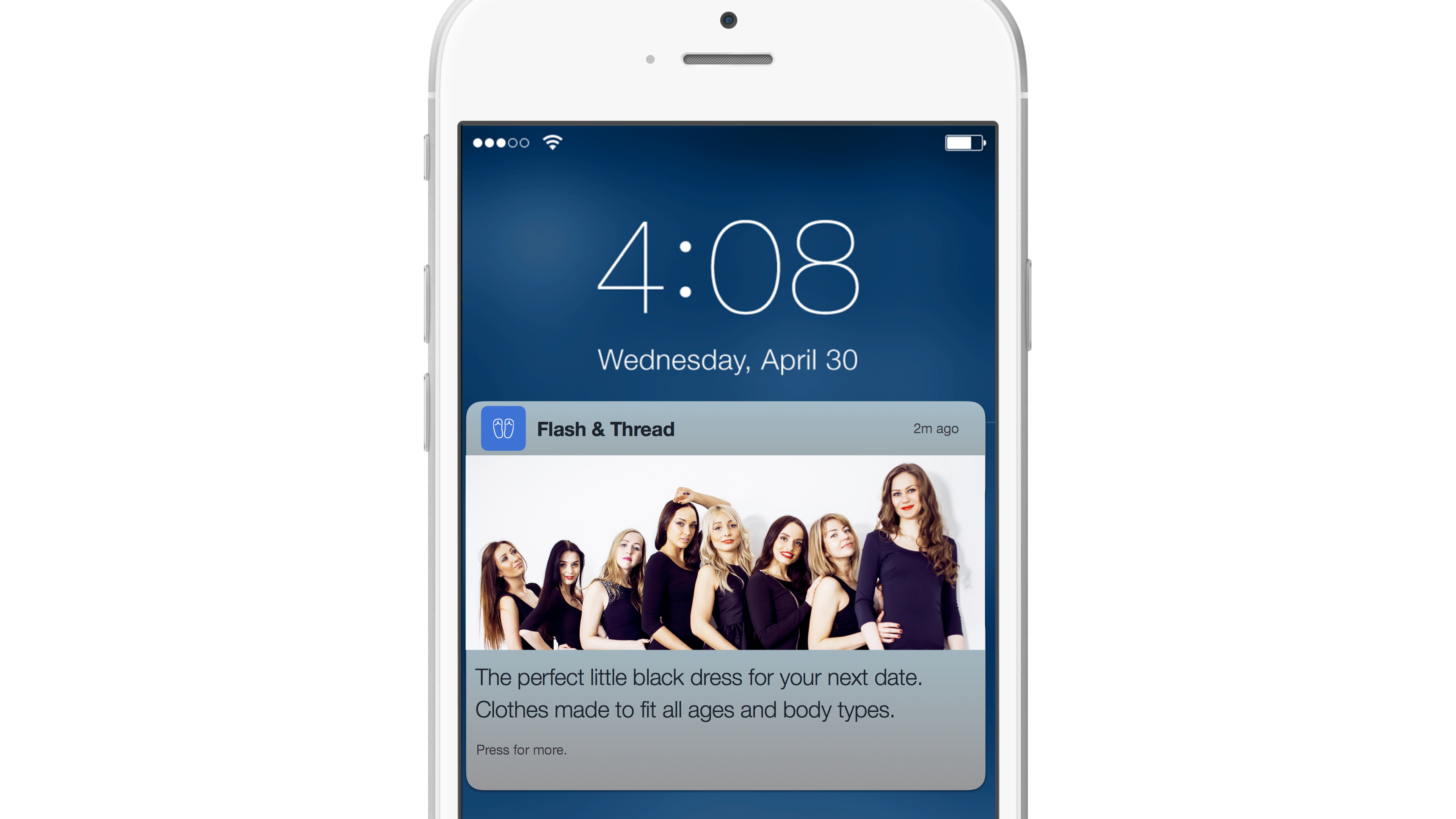 A smartphone displaying a notification for a clothing brand featuring a group of women in black dresses. The time is 4:08 PM on Wednesday, April 30.