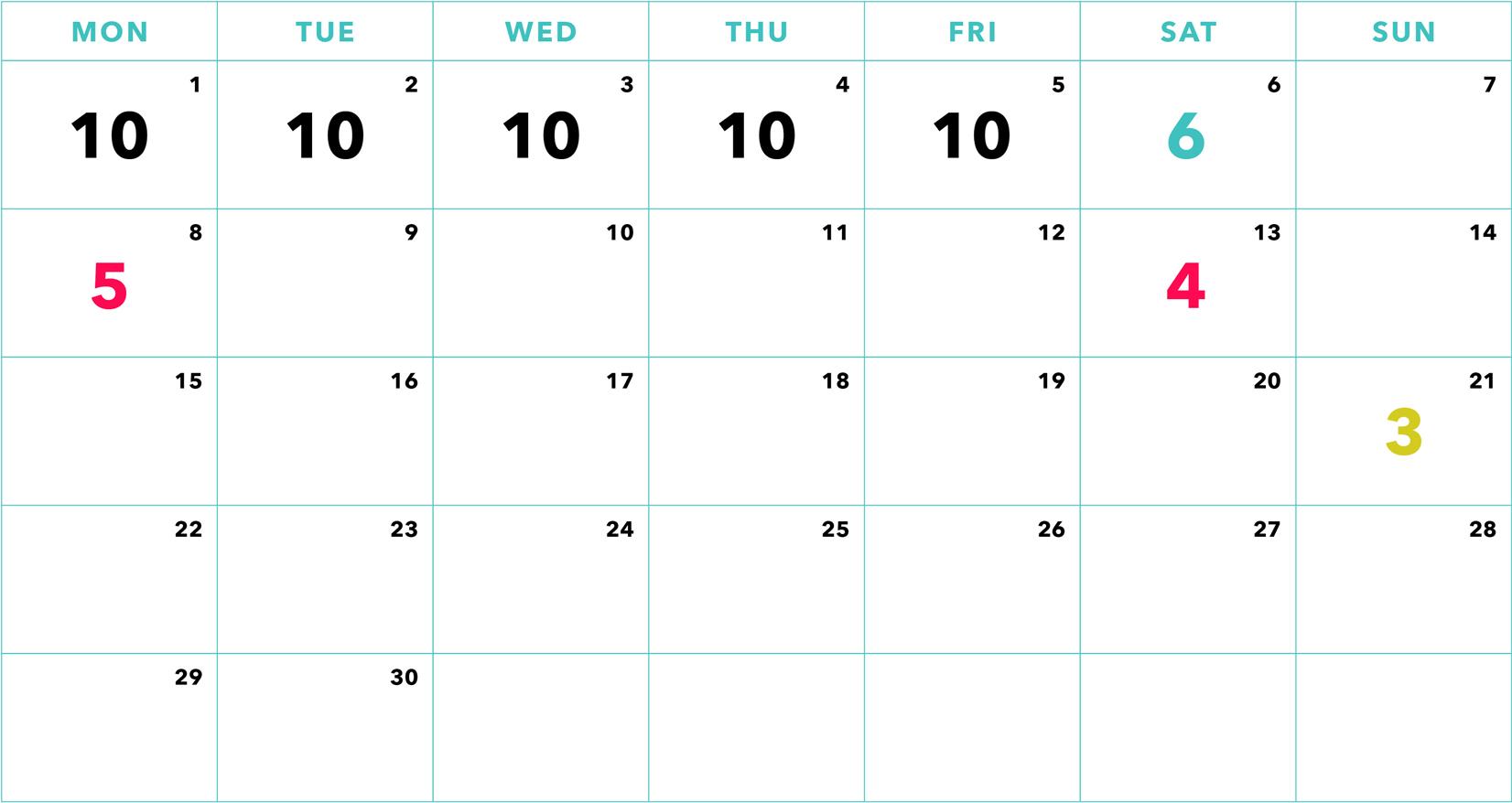 A calendar for the month with dates numbered from 1 to 30. The numbers 3, 4, 5, and 6 are highlighted in different colors.