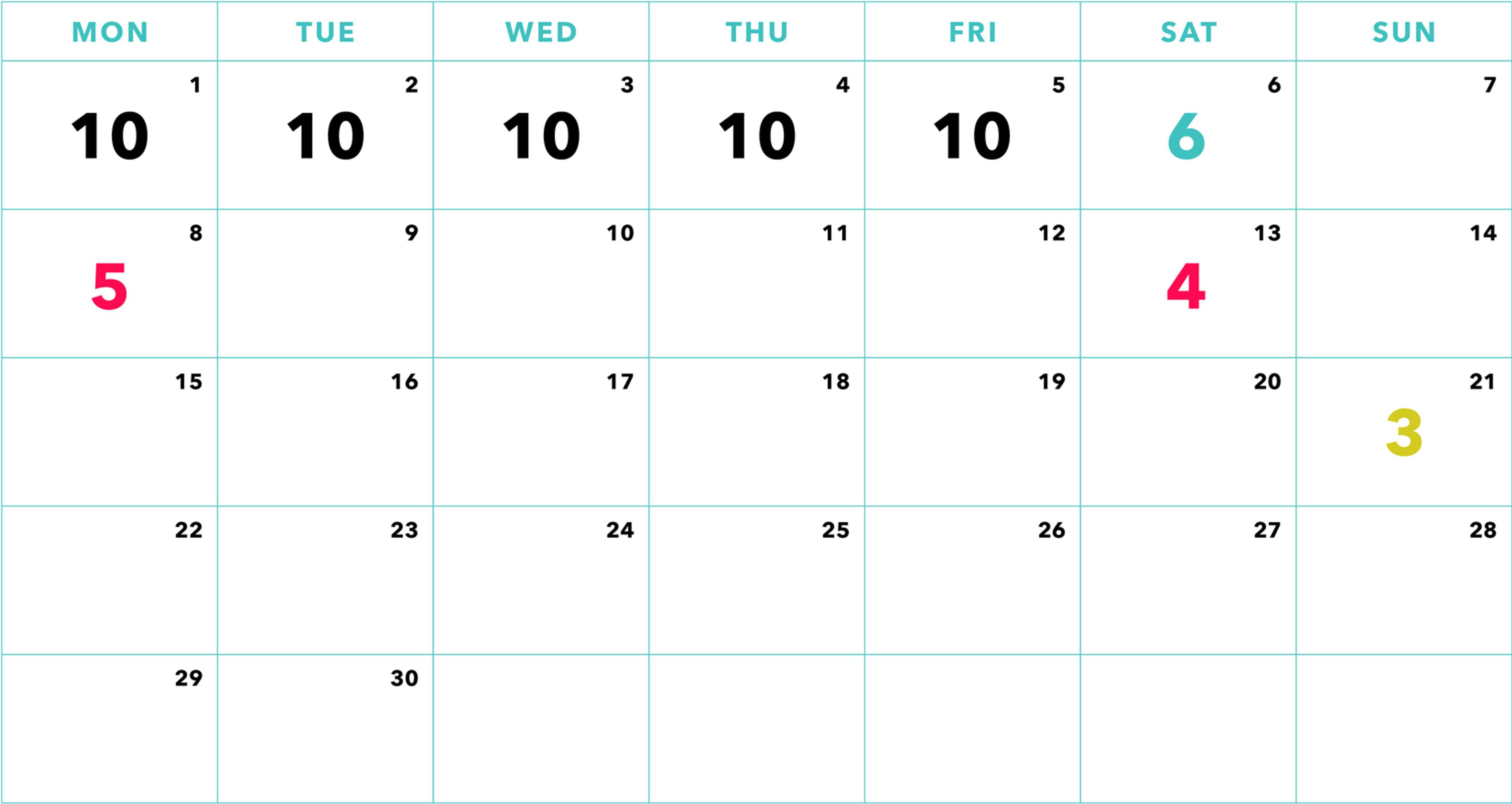 A calendar for the month with dates numbered from 1 to 30. The numbers 3, 4, 5, and 6 are highlighted in different colors.