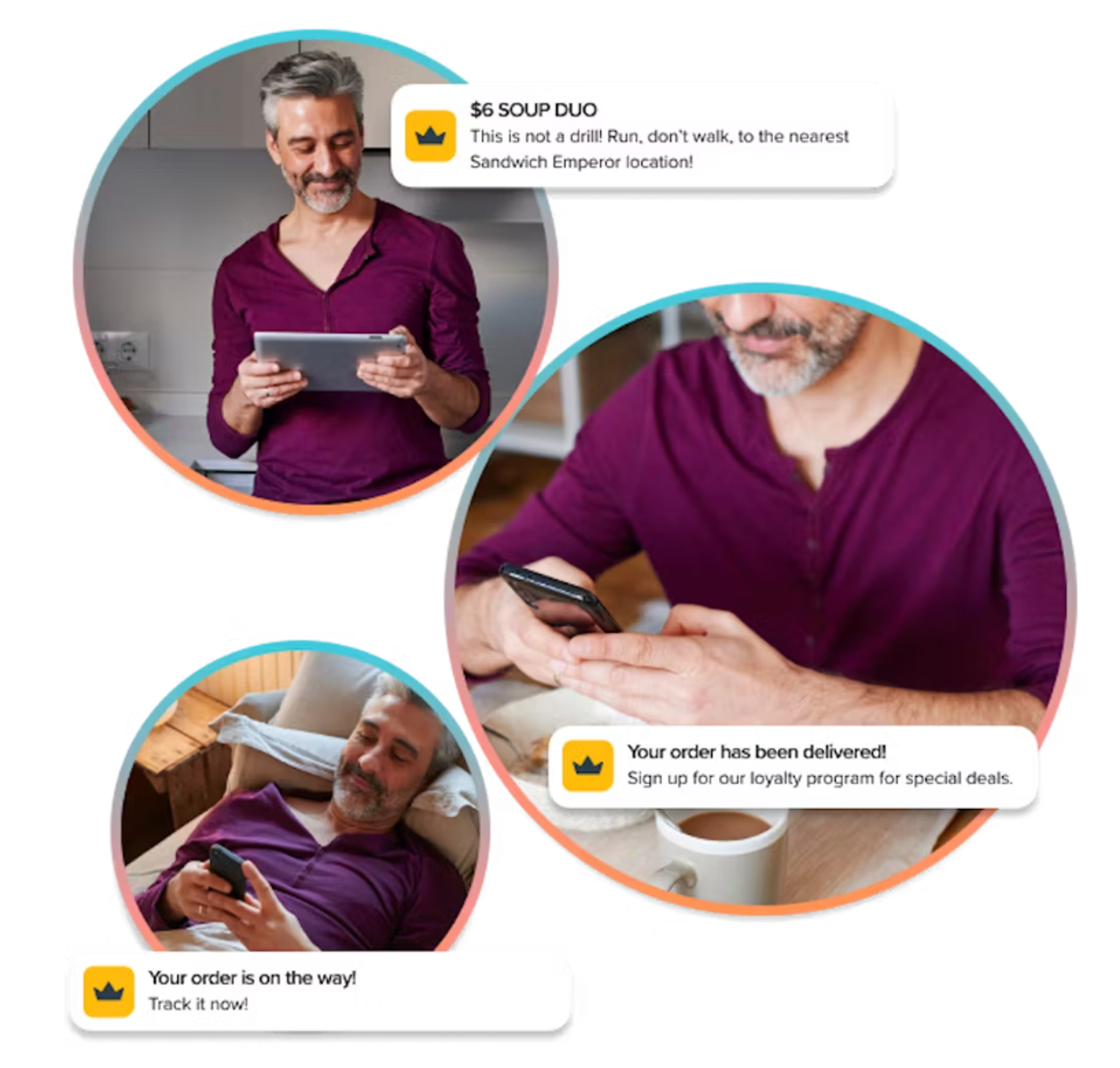 A man with gray hair is sitting comfortably, using a tablet and a smartphone. Notifications about a food order and a loyalty program are displayed around him.