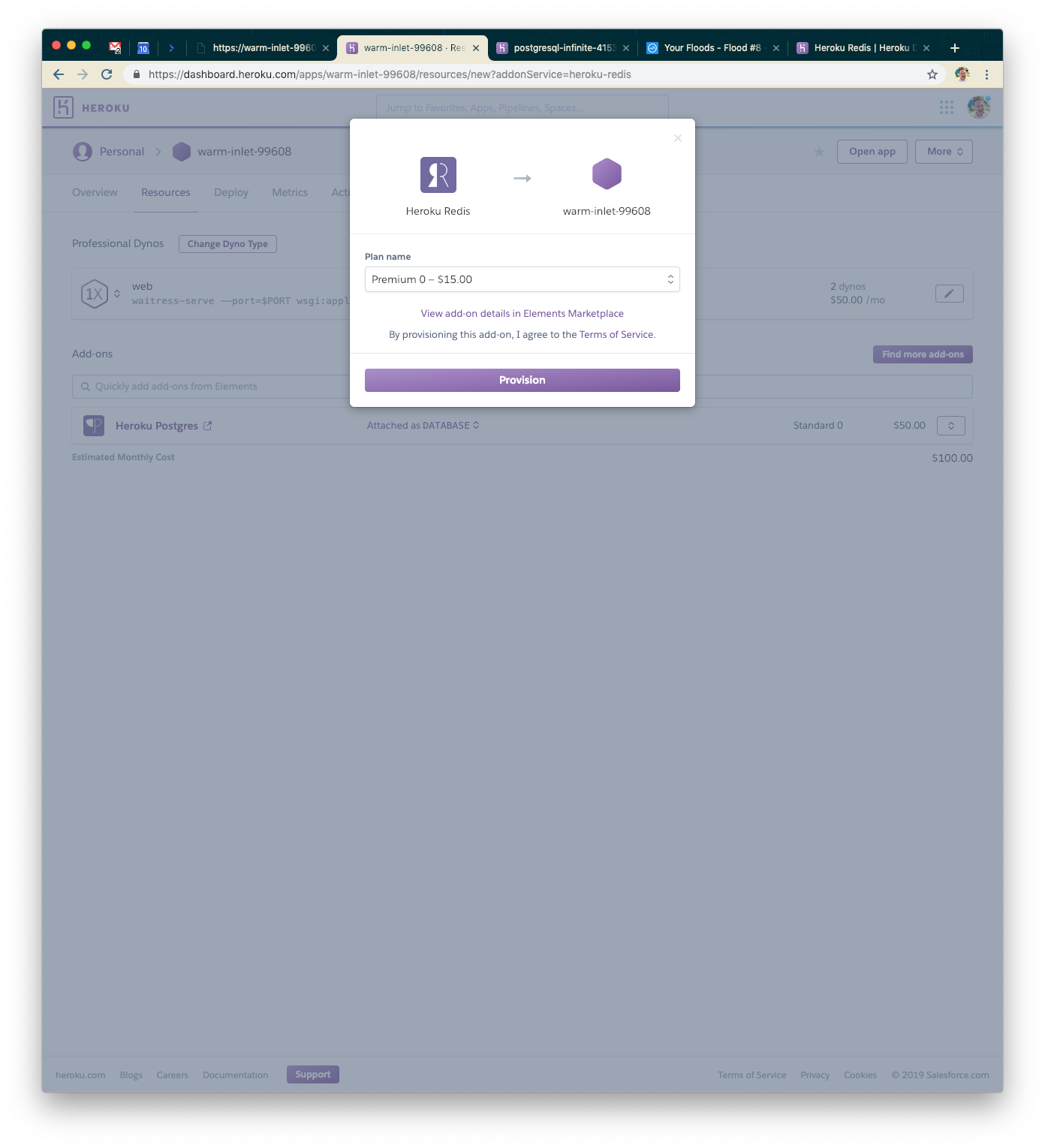 A user interface displaying a form to provision a new database instance on Heroku Redis, including fields for the plan name and add-ons. The screen shows a total cost of $15.00.