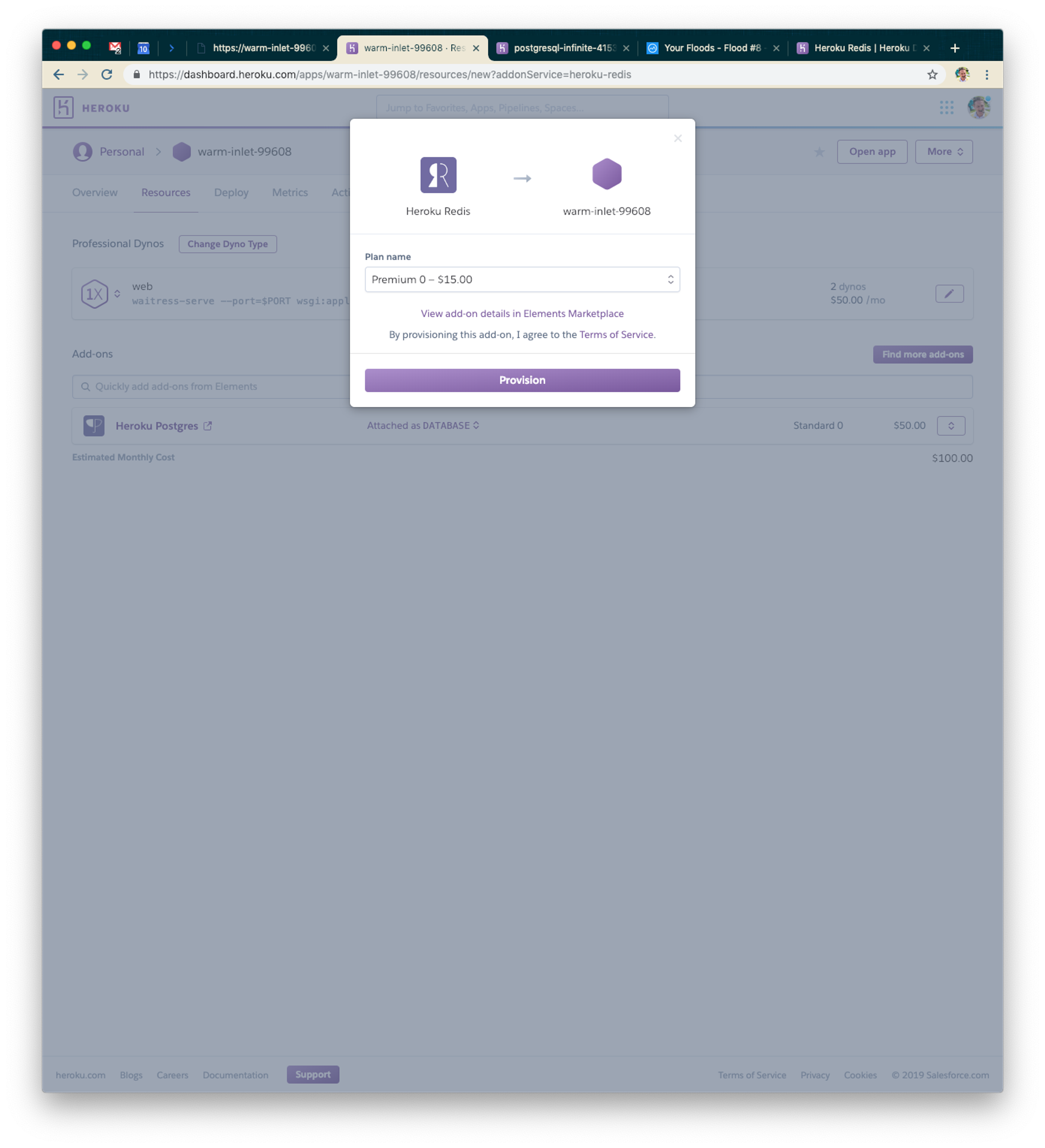 A user interface displaying a form to provision a new database instance on Heroku Redis, including fields for the plan name and add-ons. The screen shows a total cost of $15.00.