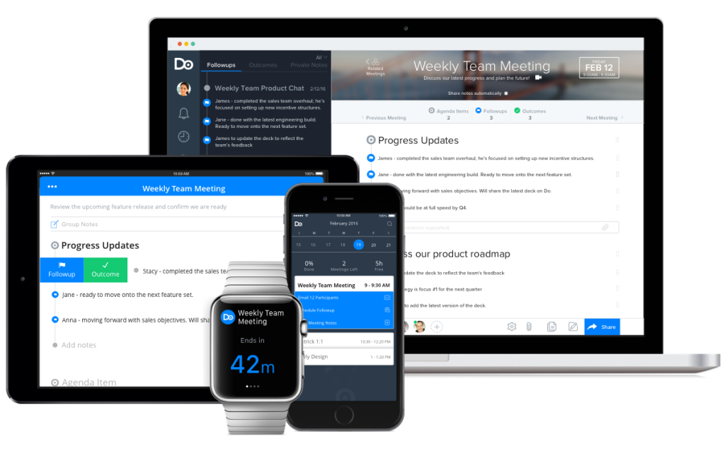 A laptop, tablet, smartphone, and smartwatch display a digital meeting interface with progress updates and a countdown timer. The screens show a "Weekly Team Meeting" agenda and chat features.