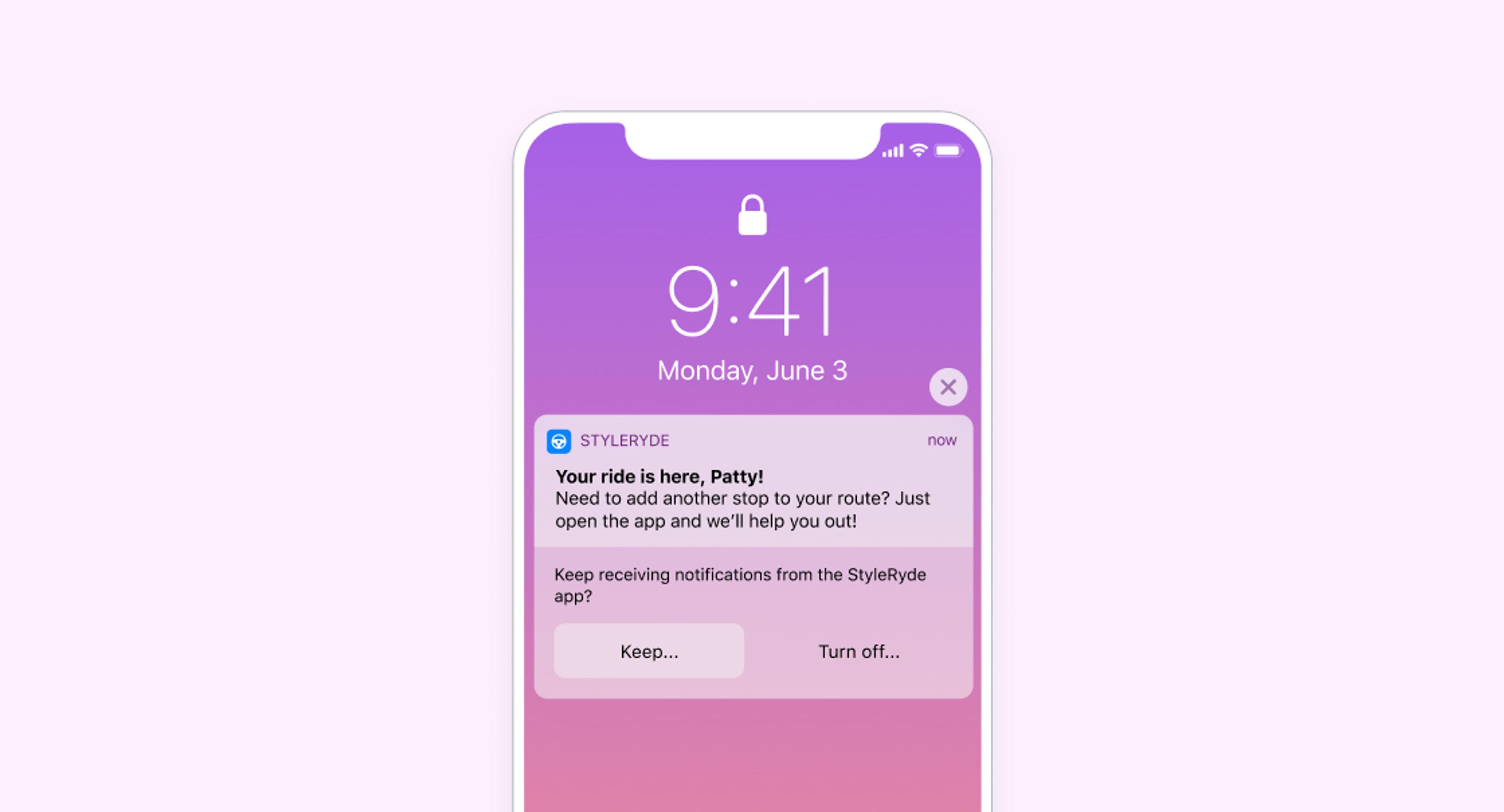 An iPhone lock screen displays a StyleRyde app notification: "Your ride is here, Patty!"