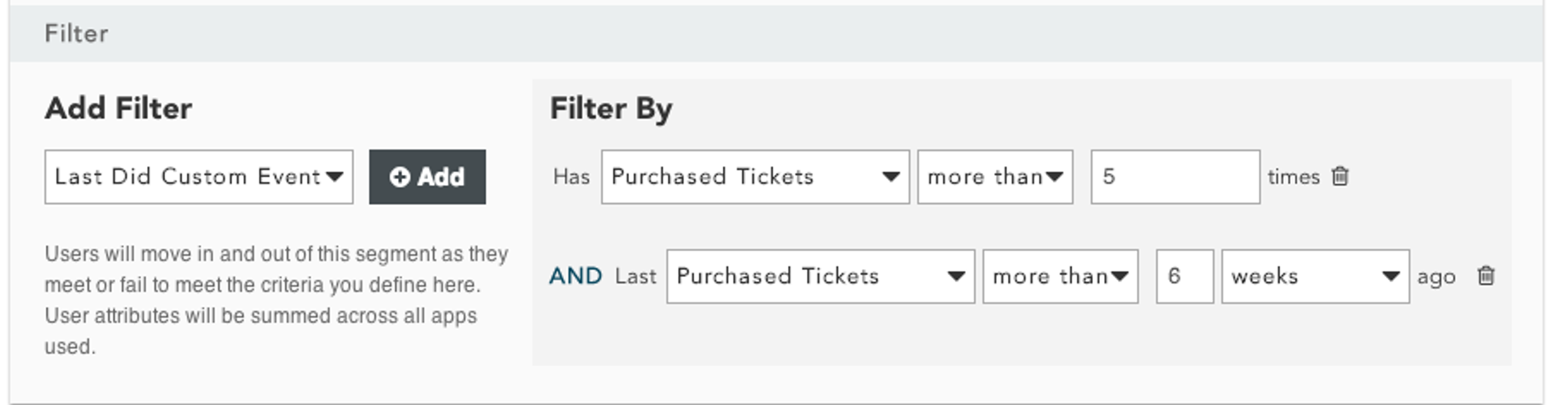 A user interface displaying filter options for event attendance, including criteria for custom events and ticket purchases. The filters allow users to specify conditions for user segmentation.