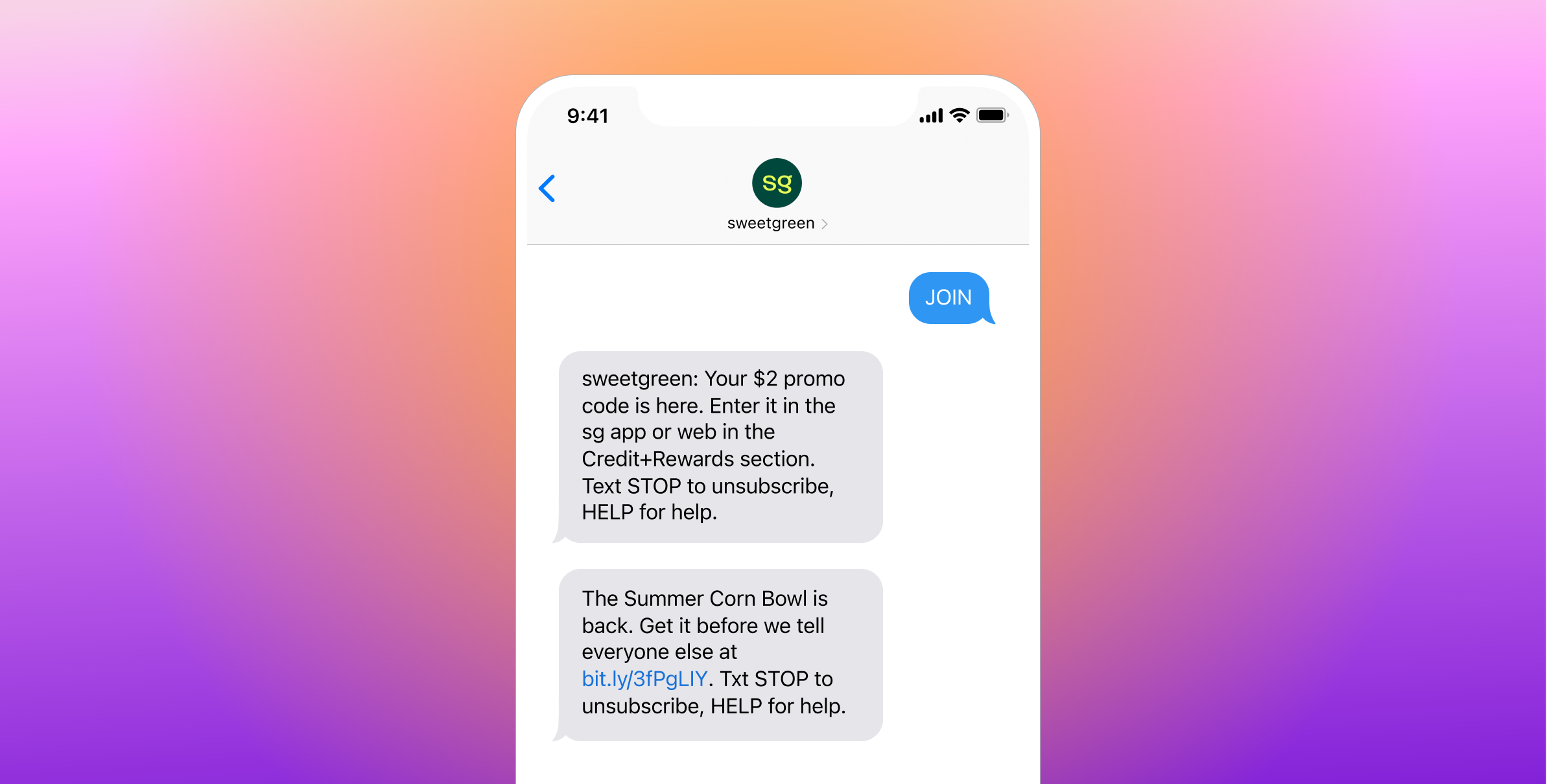A smartphone displays a Sweetgreen text conversation with a $2 promo code offer and a message announcing the return of the Summer Corn Bowl.
