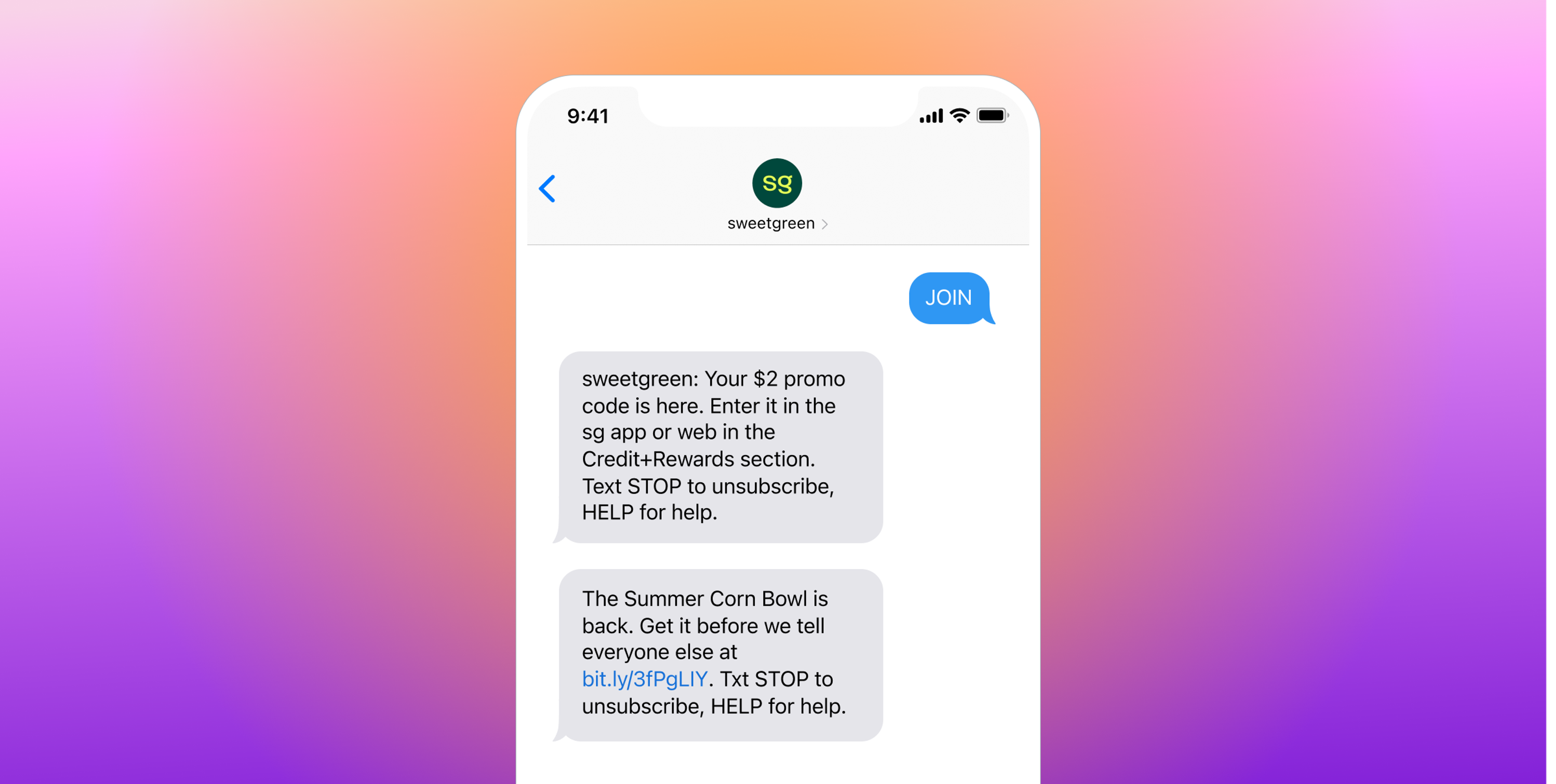 A smartphone displays a Sweetgreen text conversation with a $2 promo code offer and a message announcing the return of the Summer Corn Bowl.