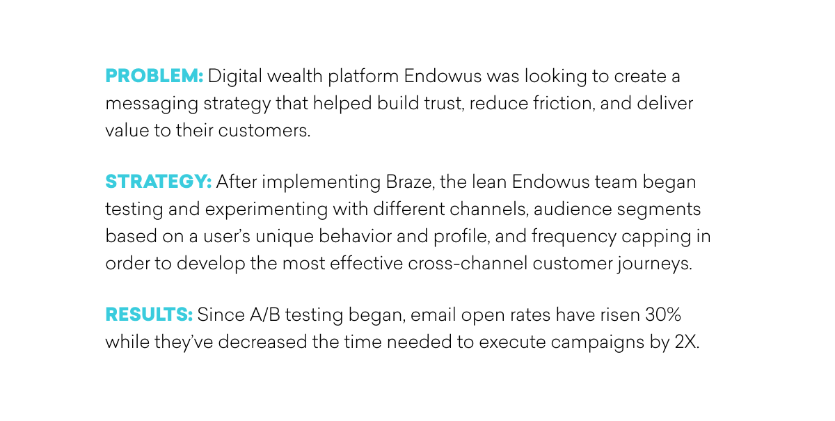 A summary of Endowus's strategy to improve customer engagement through targeted messaging and A/B testing, highlighting increased email open rates and reduced campaign execution time.