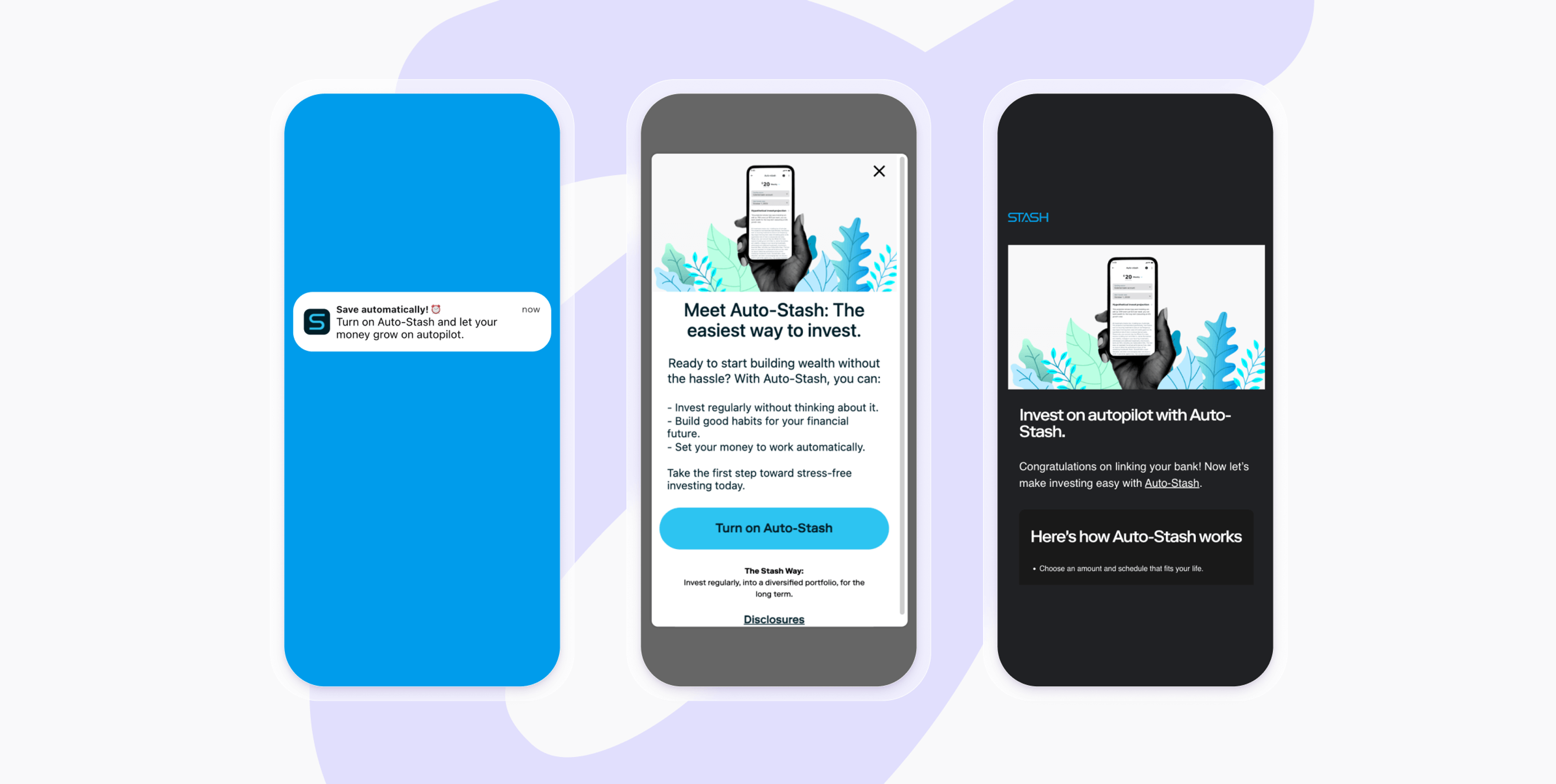 Three mobile screens demonstrating the Stash app's Auto-Stash feature for automated investing.