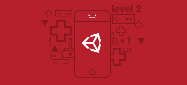 A red background featuring a smartphone with the Unity logo and gaming icons, indicating "level 2.