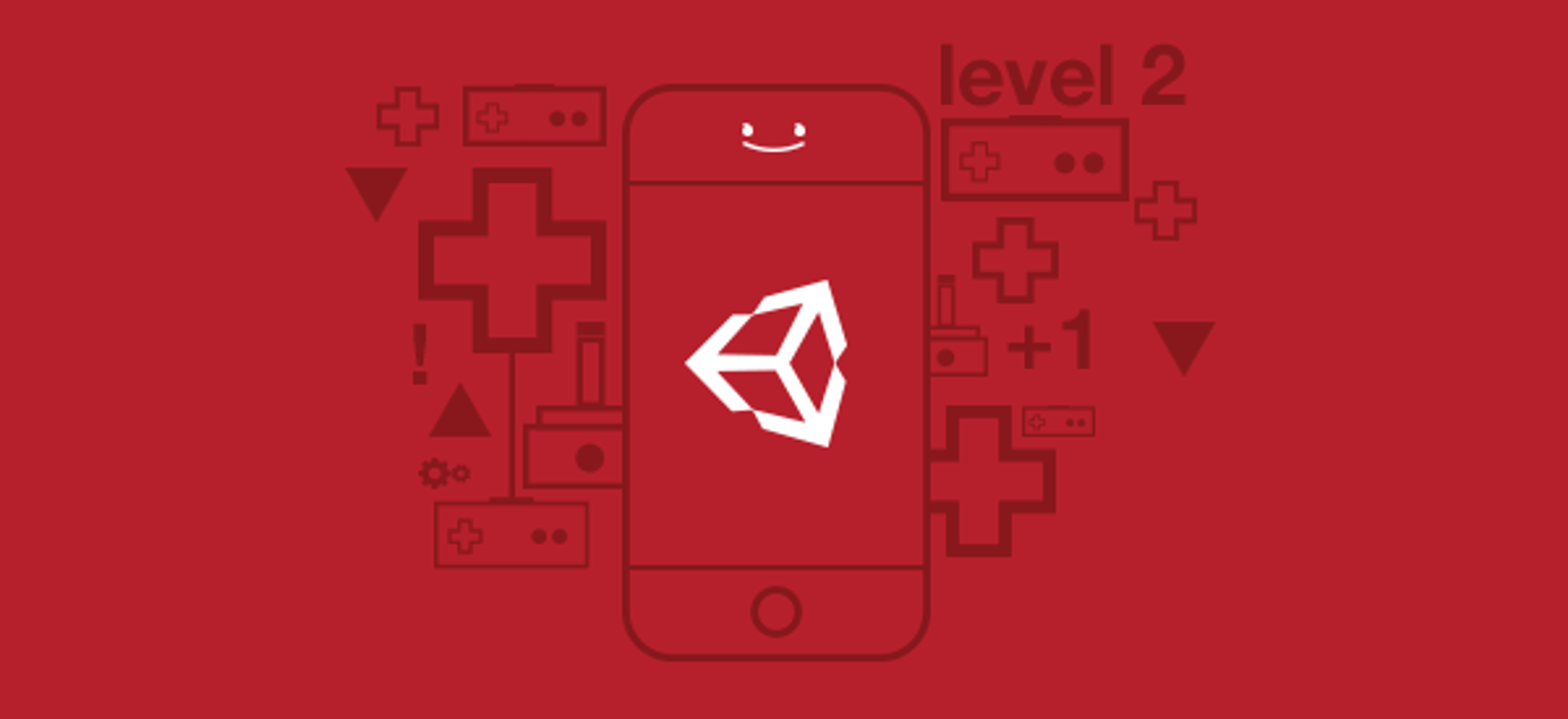 A red background featuring a smartphone with the Unity logo and gaming icons, indicating "level 2.