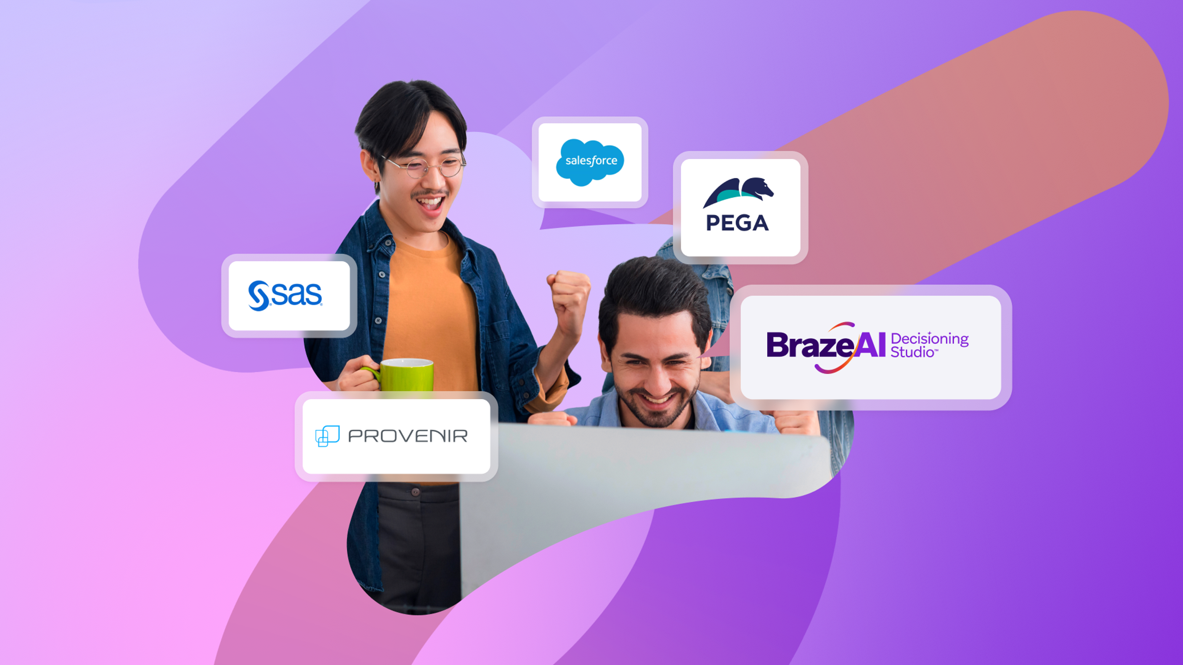 Two happy men celebrate surrounded by logos for SAS, Salesforce, Pega, Provenir, and BrazeAI Decisioning Studio.