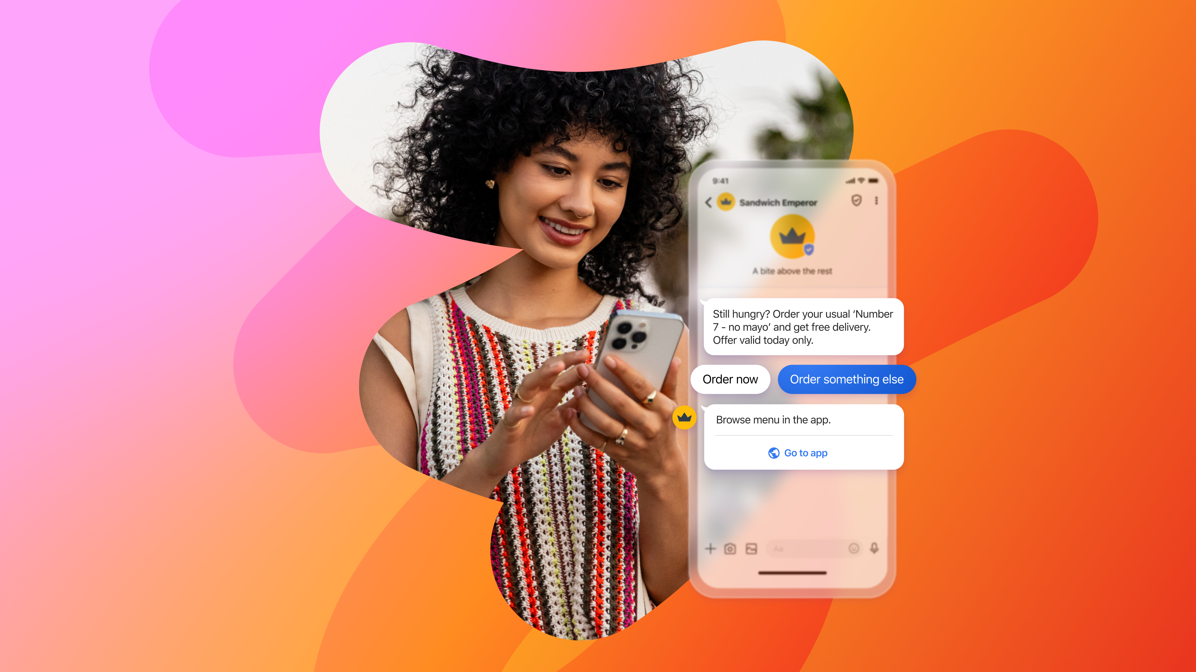 a woman is looking at her phone which says order now