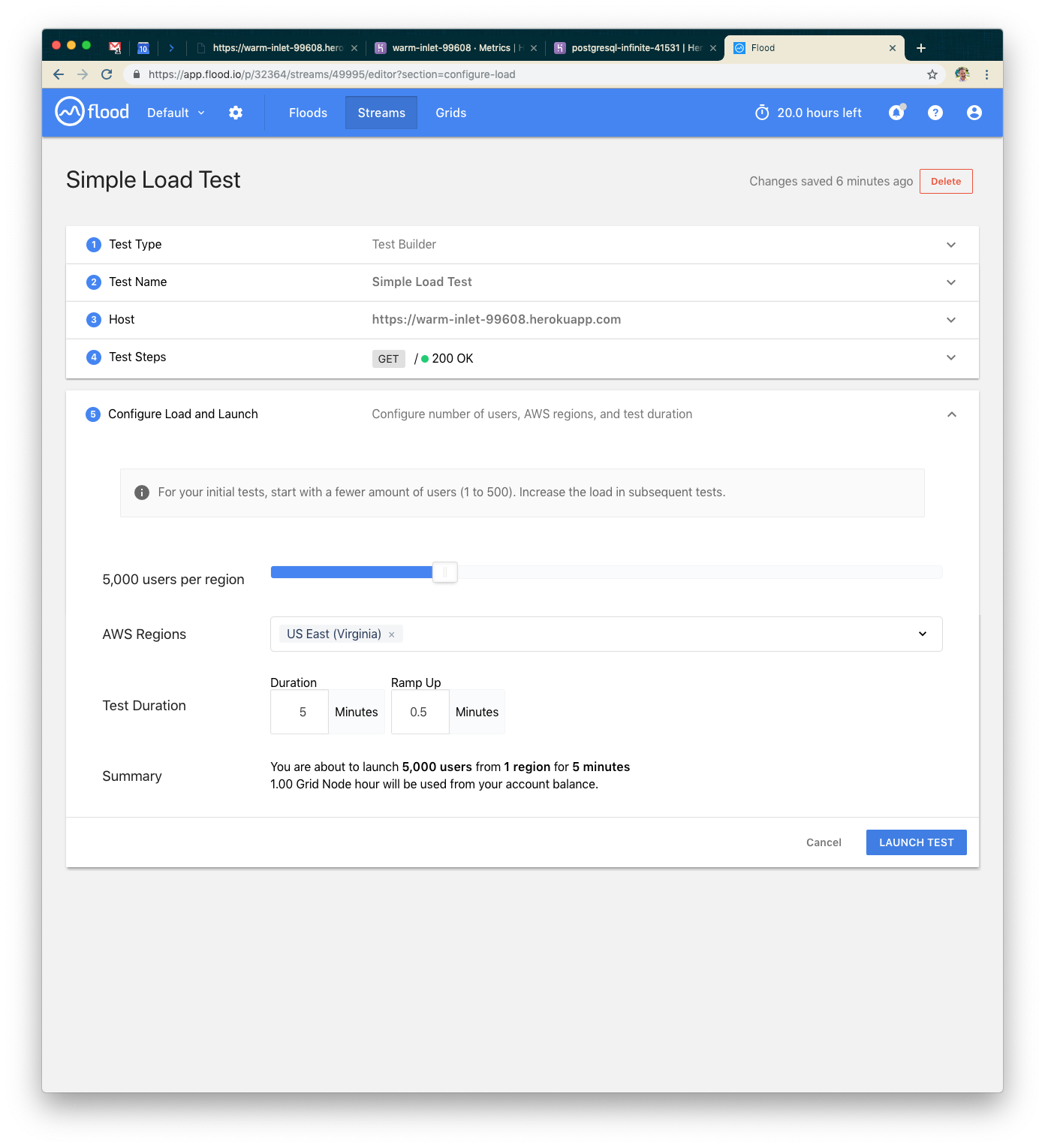 A web interface for a simple load test, displaying options to configure load, AWS regions, test duration, and a summary section. The screen includes fields for entering test parameters and a launch button.