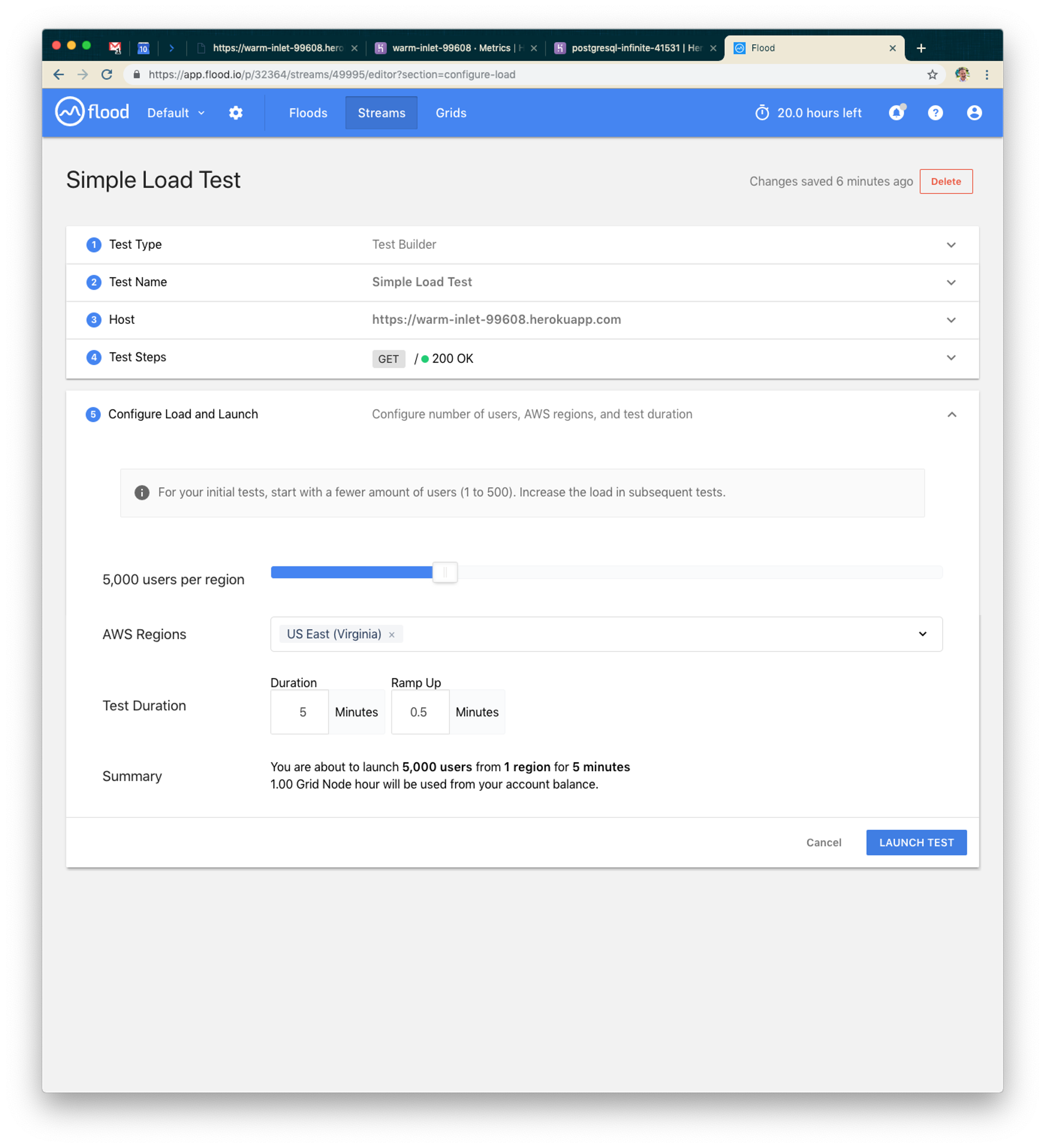 A web interface for a simple load test, displaying options to configure load, AWS regions, test duration, and a summary section. The screen includes fields for entering test parameters and a launch button.