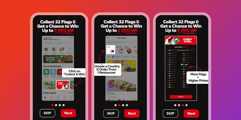 Trois écrans de tutoriel expliquent comment collecter 32 drapeaux dans l’application pour tenter de gagner jusqu’à 5 000 QR, avec des prix plus élevés selon le nombre de drapeaux.