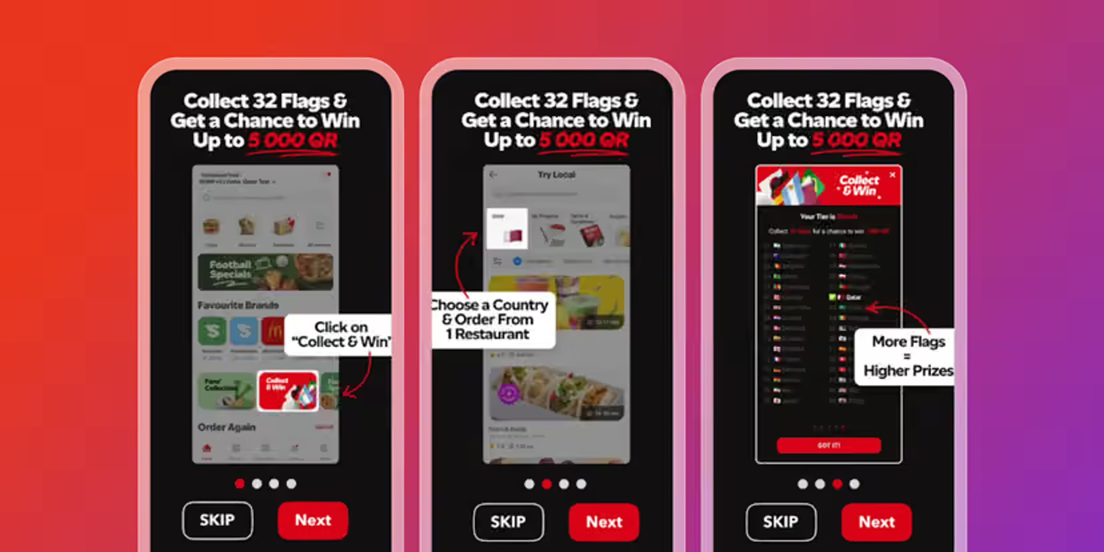 Trois écrans de tutoriel expliquent comment collecter 32 drapeaux dans l’application pour tenter de gagner jusqu’à 5 000 QR, avec des prix plus élevés selon le nombre de drapeaux.