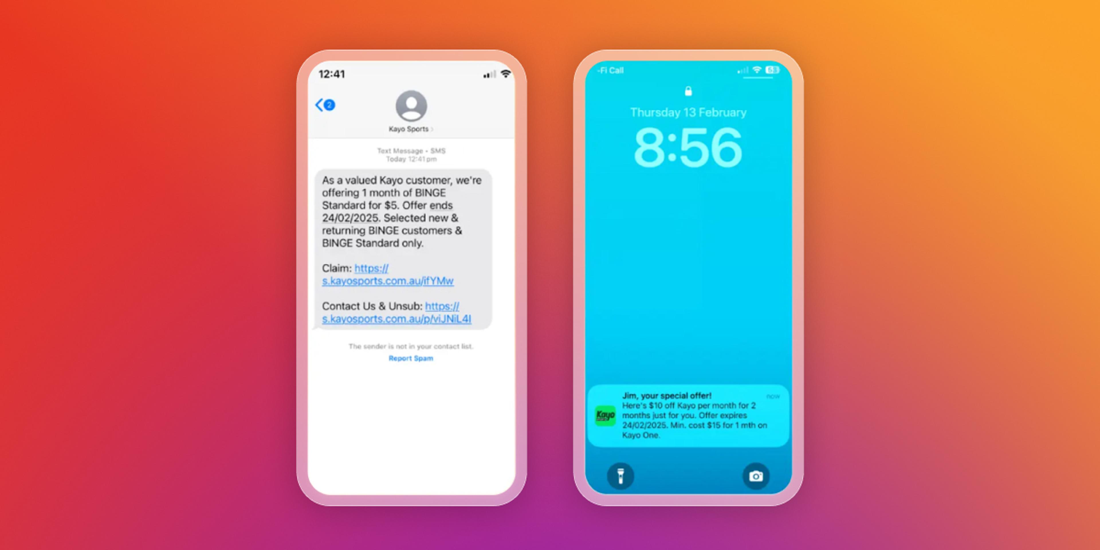Two iPhones display promotional offers: a text message for BINGE and a lock screen notification for Kayo.