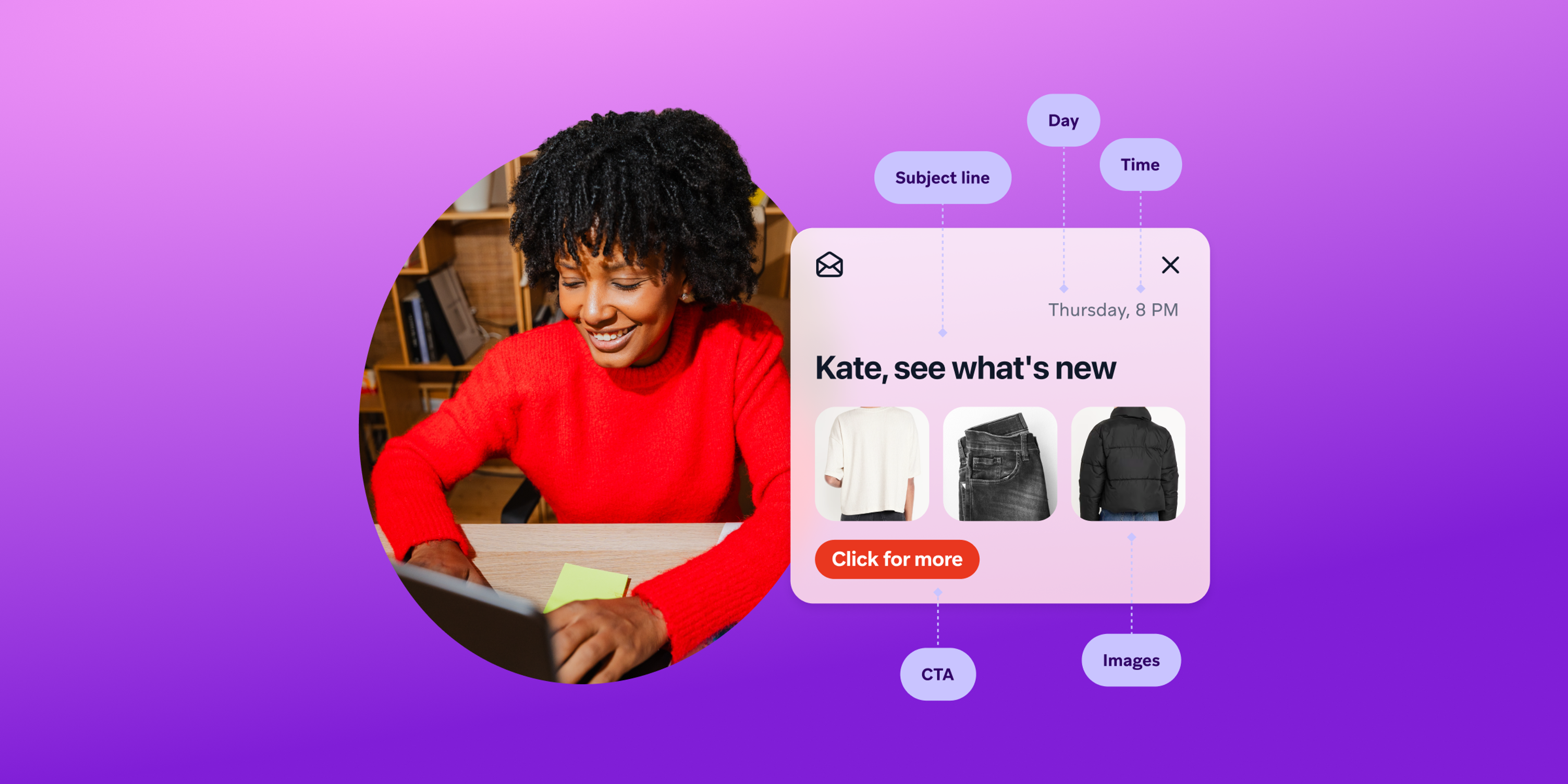 A smiling woman in a red sweater uses a laptop beside an annotated promotional email showing a subject line, date, time, product images, and call-to-action button.