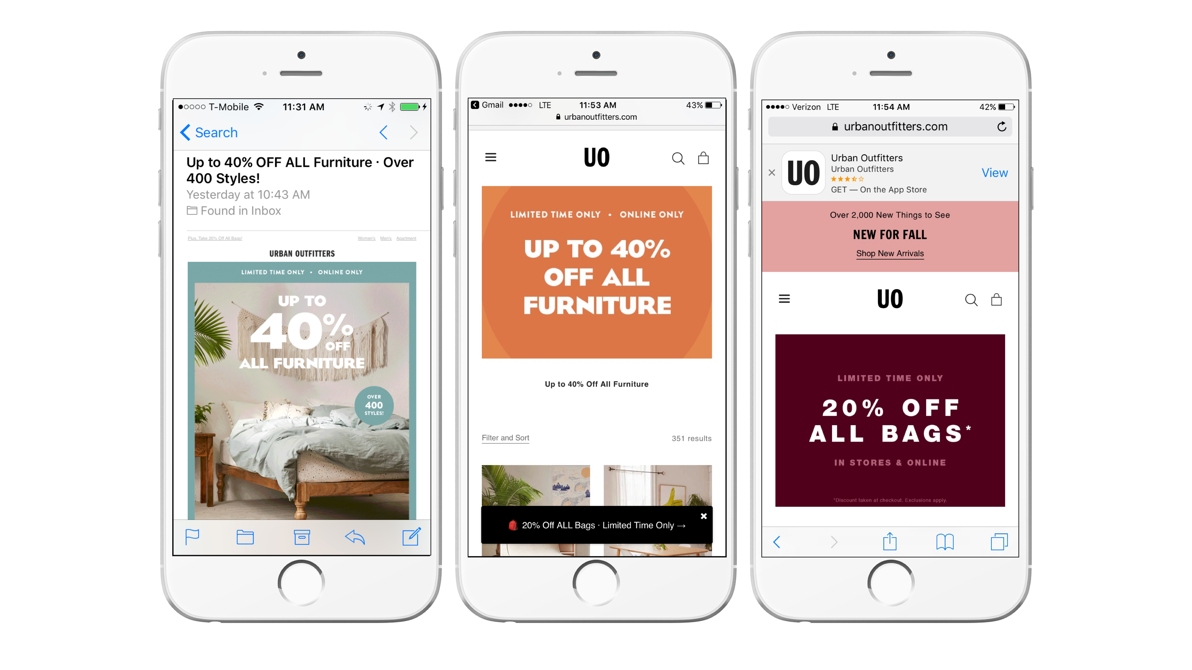 Three smartphone screens displaying promotional emails and a website for Urban Outfitters, featuring discounts on furniture and bags. The messages highlight sales of up to 40% off.