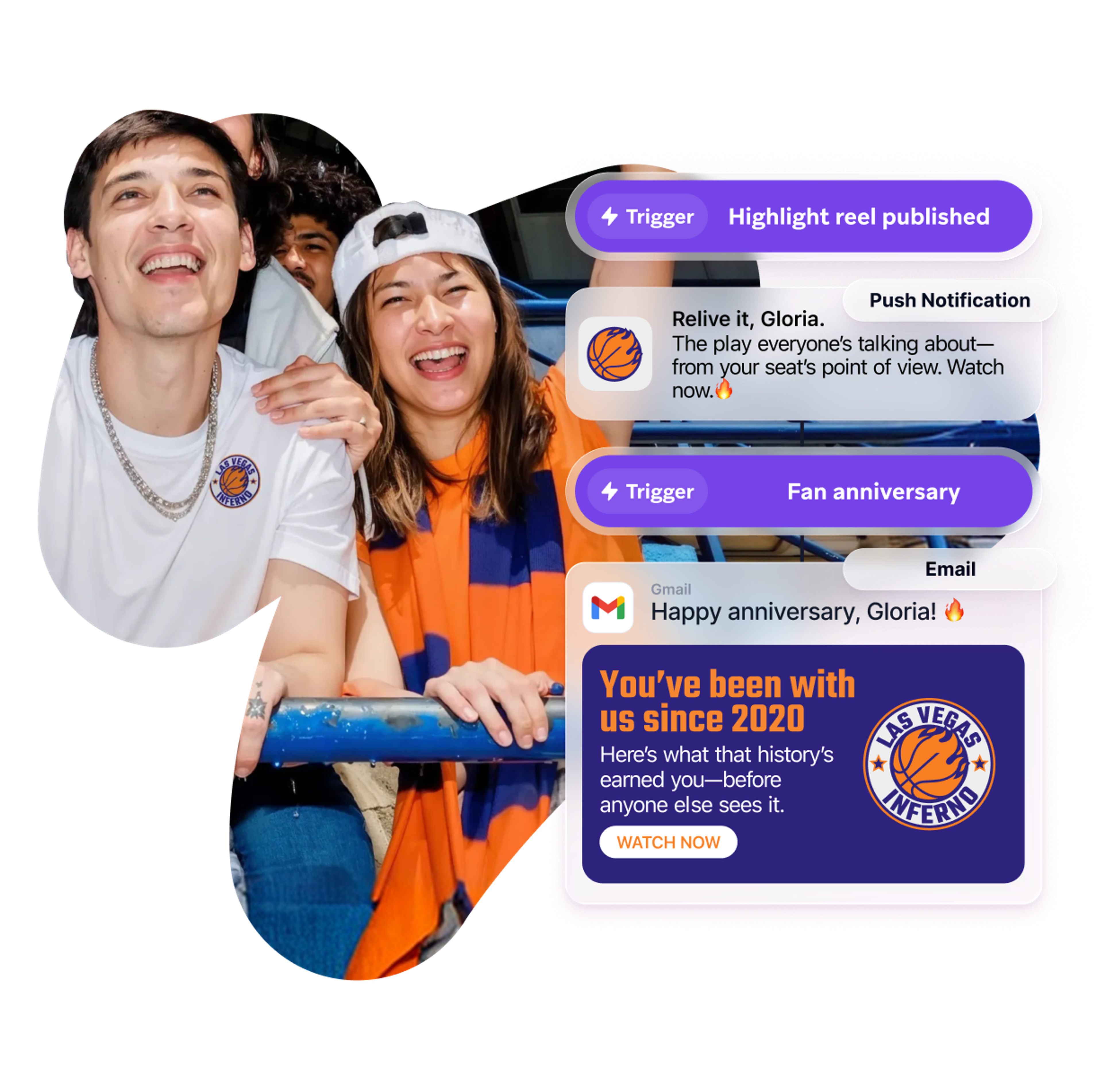 Fans at a stadium with personalized game-day messages, including a highlight-reel email and a fan-anniversary push notification