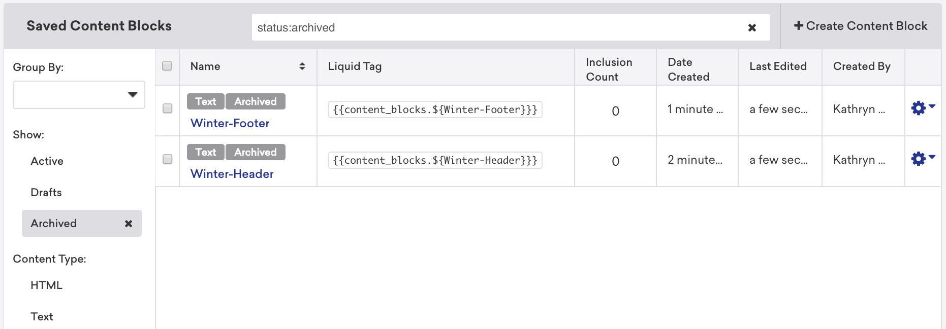 A user interface displaying archived content blocks with options to group, show, and create new content. It includes fields for text, inclusion count, date created, last edited, and creator information.