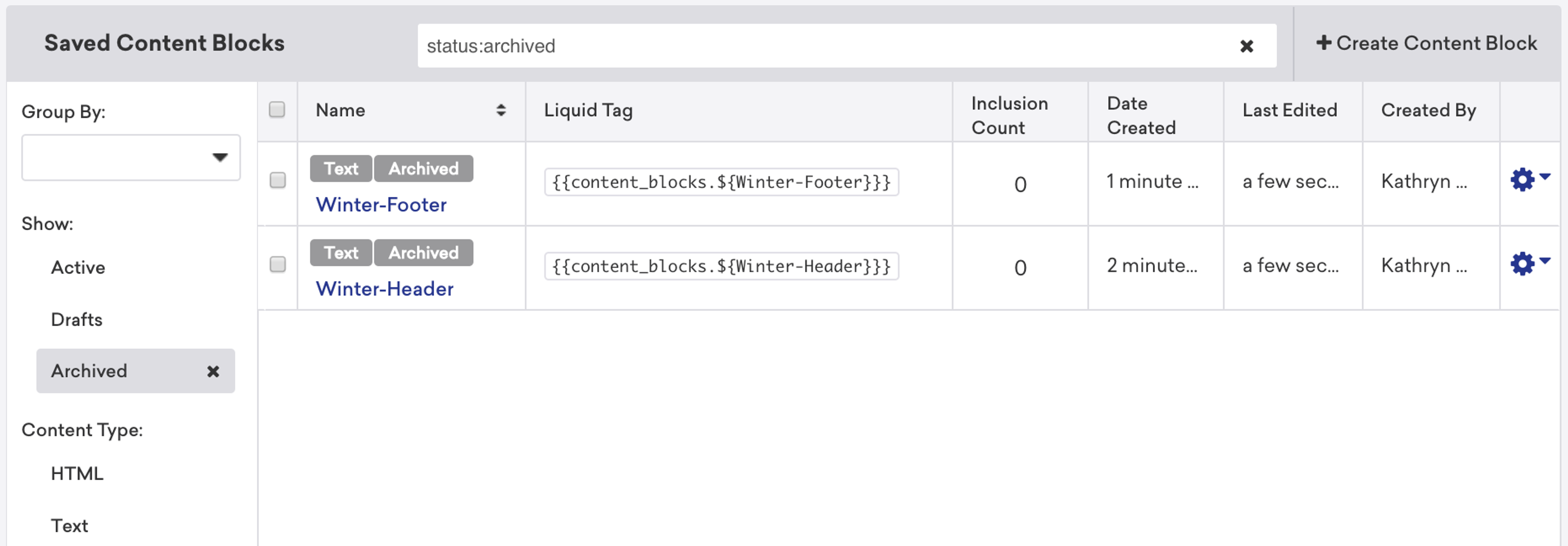 A user interface displaying archived content blocks with options to group, show, and create new content. It includes fields for text, inclusion count, date created, last edited, and creator information.