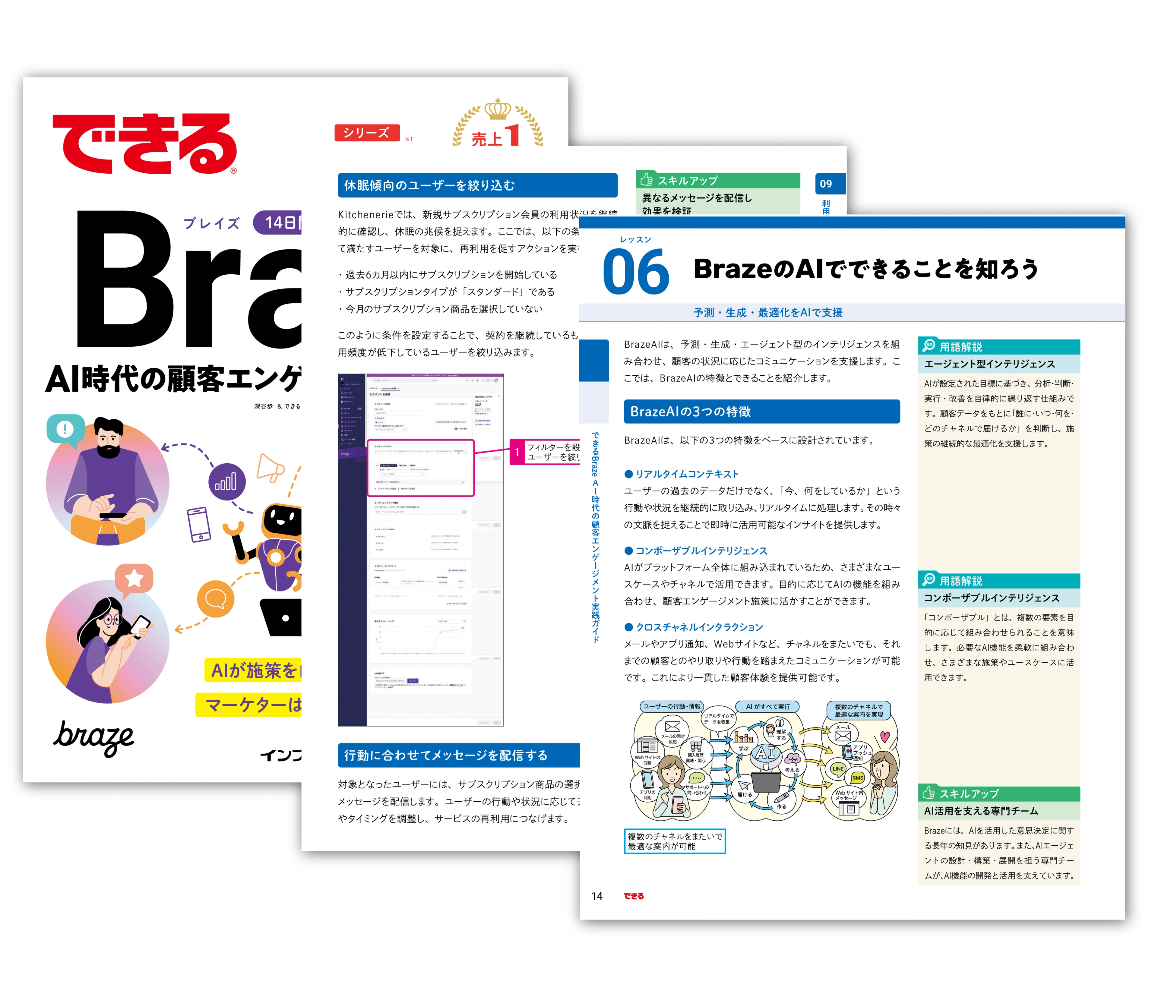 BrazeのAI機能や休眠ユーザーの絞り込みを解説する、日本語ガイドブック「できる Braze」の表紙と誌面。