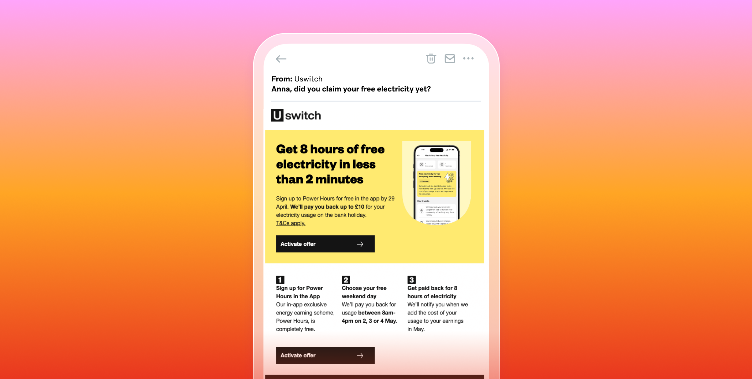 A smartphone displays a Uswitch email offering eight hours of free electricity, set against a pink-to-orange gradient background.