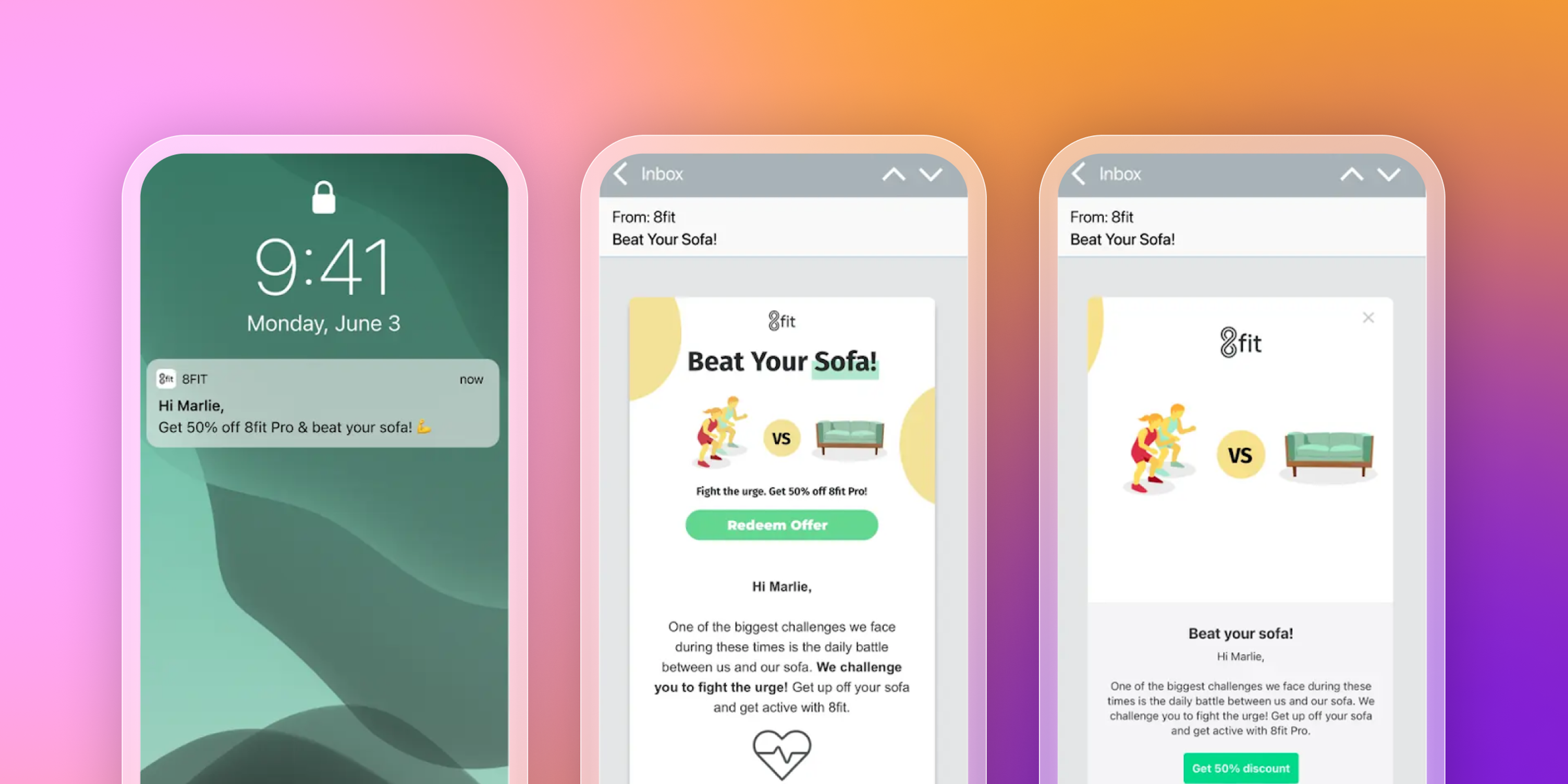 Three smartphone screens displaying an 8fit app promotion to 'Beat Your Sofa!' with discount offers.