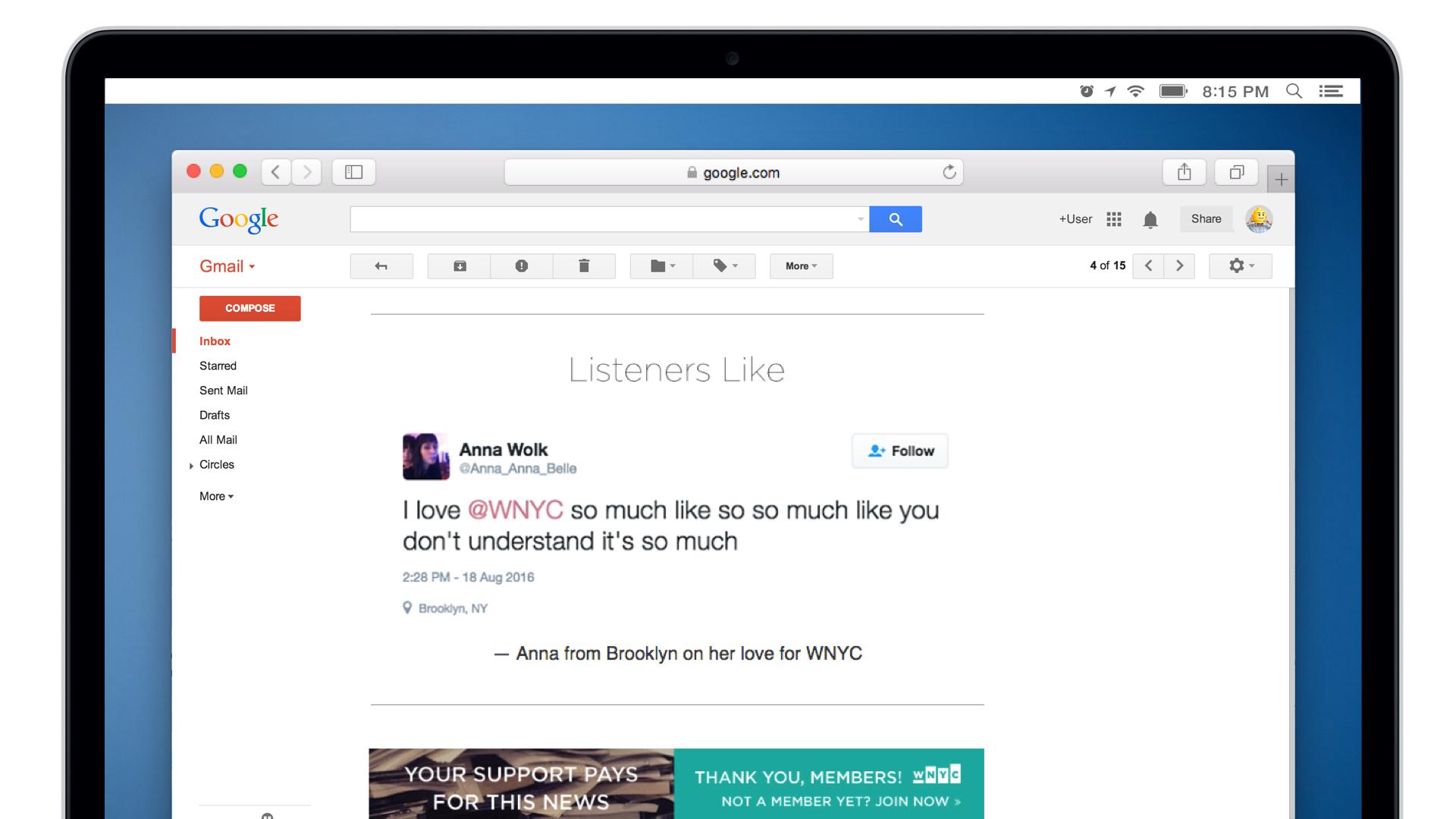 A screenshot of an email in Gmail featuring a tweet from Anna Wolk expressing love for WNYC. The tweet includes her location as Brooklyn.