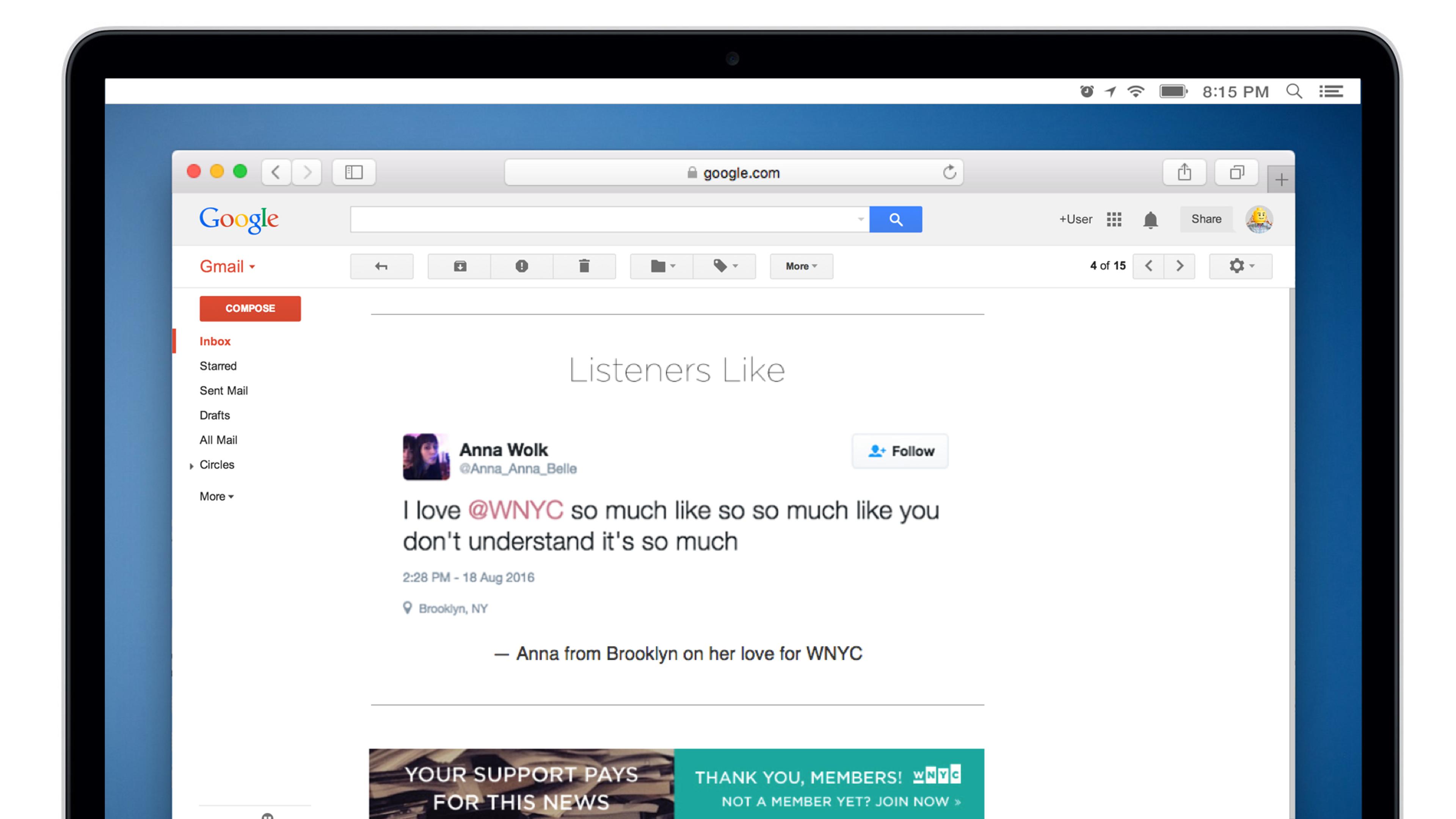 A screenshot of an email in Gmail featuring a tweet from Anna Wolk expressing love for WNYC. The tweet includes her location as Brooklyn.