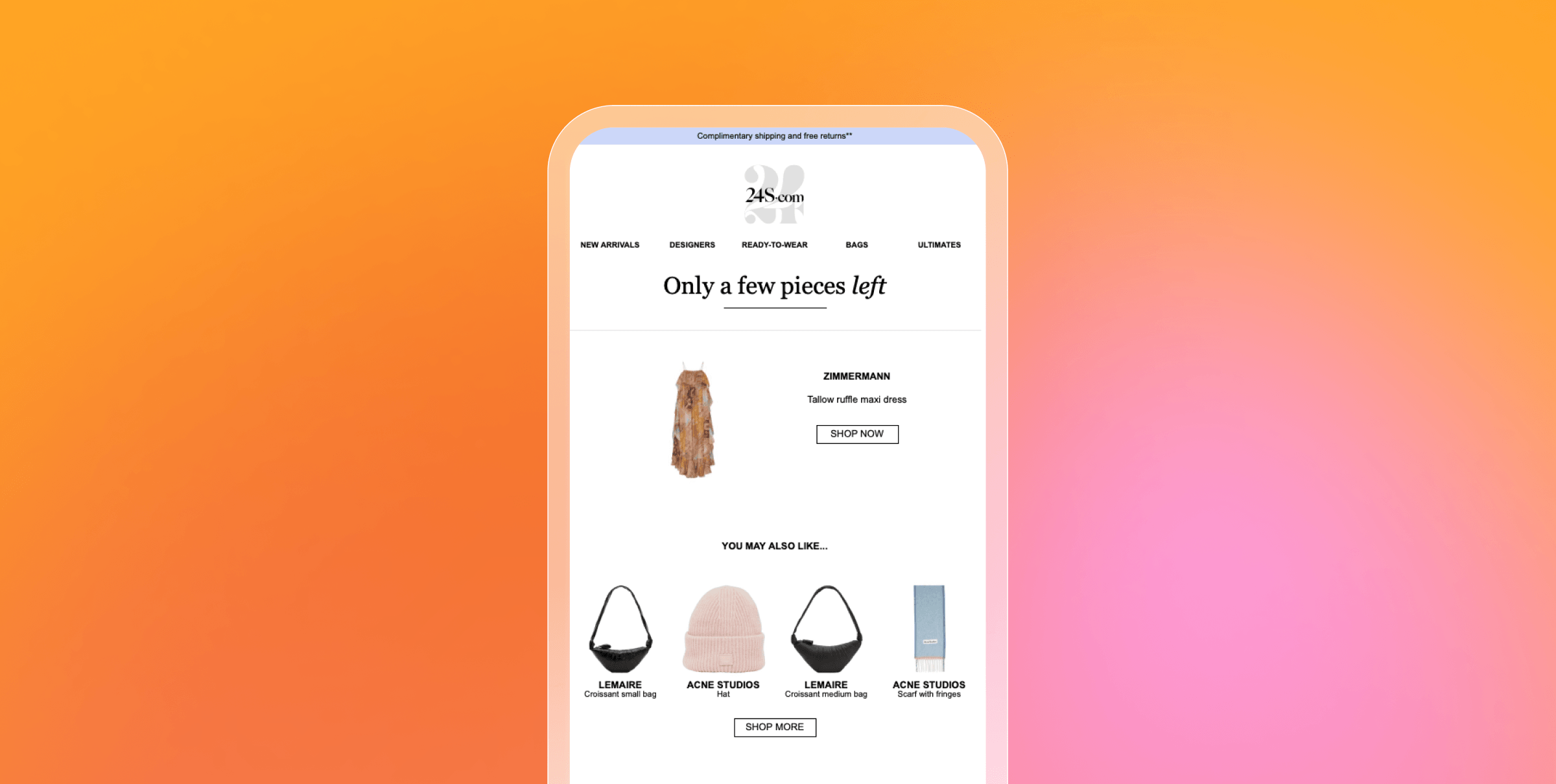 A mobile 24S shopping page highlights a Zimmermann maxi dress with only a few pieces left and recommends bags, a hat, and a scarf.