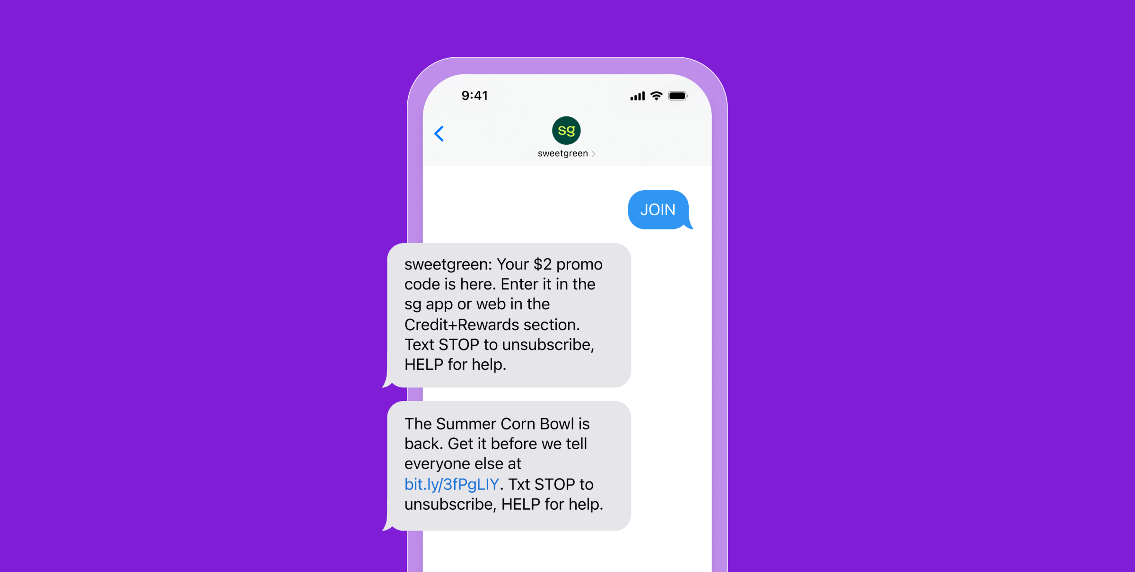 uma imagem mostrando códigos promocionais da sweetgreen entregues por texto