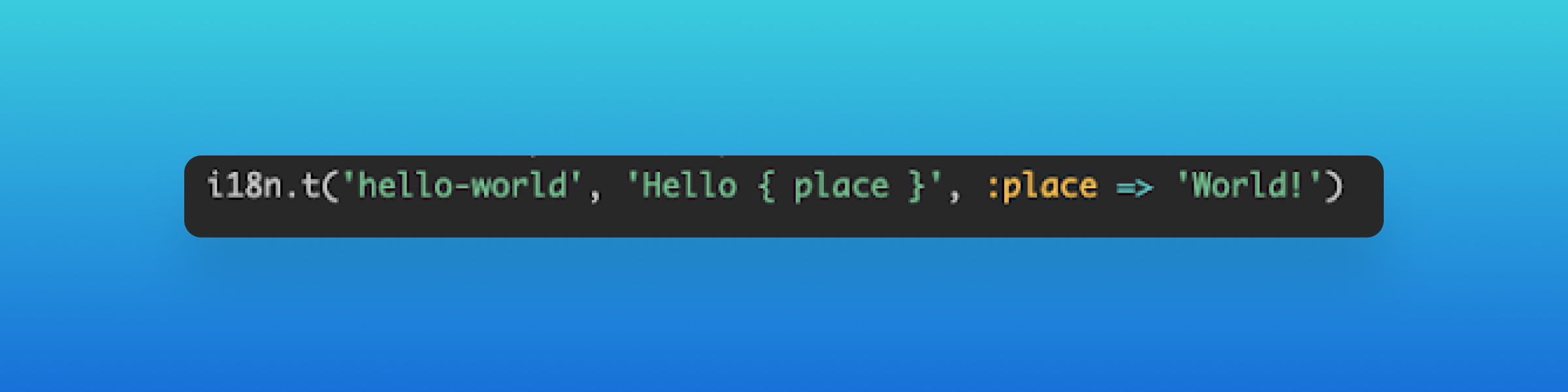 A code snippet showing a localization function with a placeholder for a variable. The background features a gradient from blue to teal.