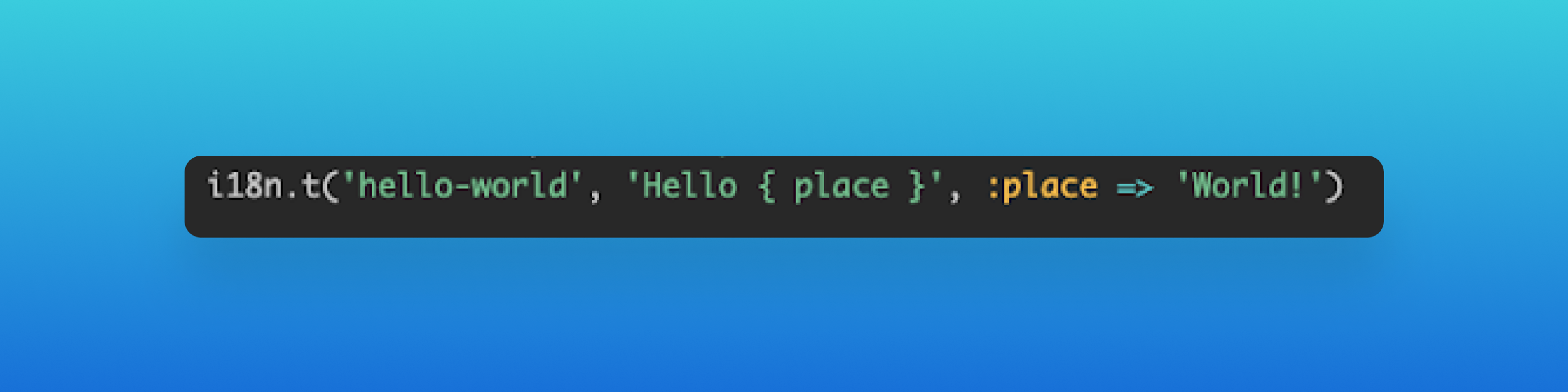 A code snippet showing a localization function with a placeholder for a variable. The background features a gradient from blue to teal.