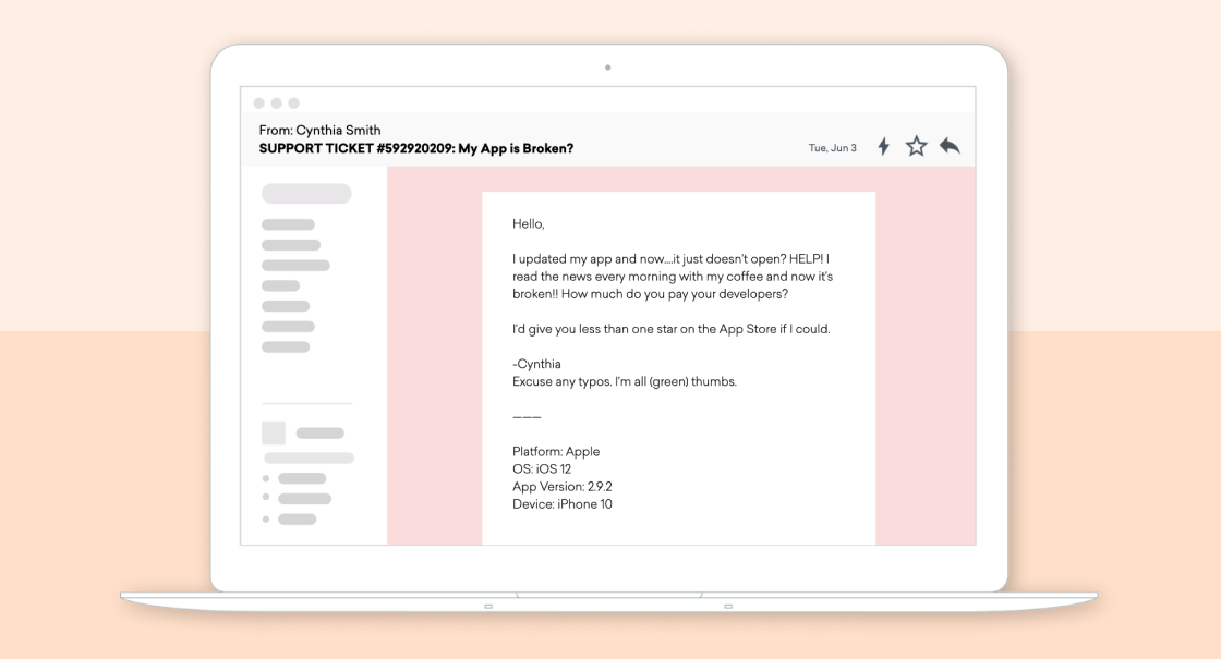An email from Cynthia Smith regarding a support ticket about an app that won't open. The email includes details about the app version and device used.