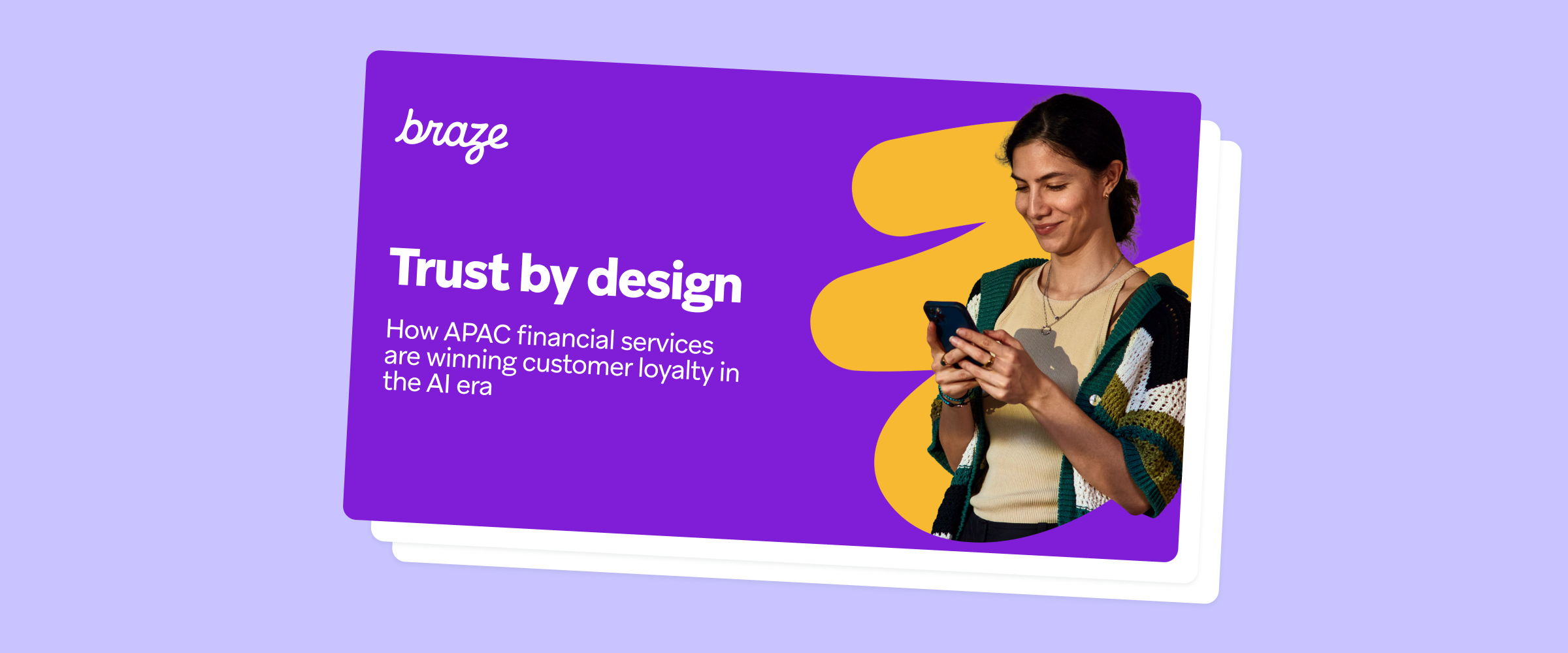 Promotional graphic titled “A marketer’s guide to AI Agents” from Braze, showing two smiling people collaborating at a computer on an orange gradient background.