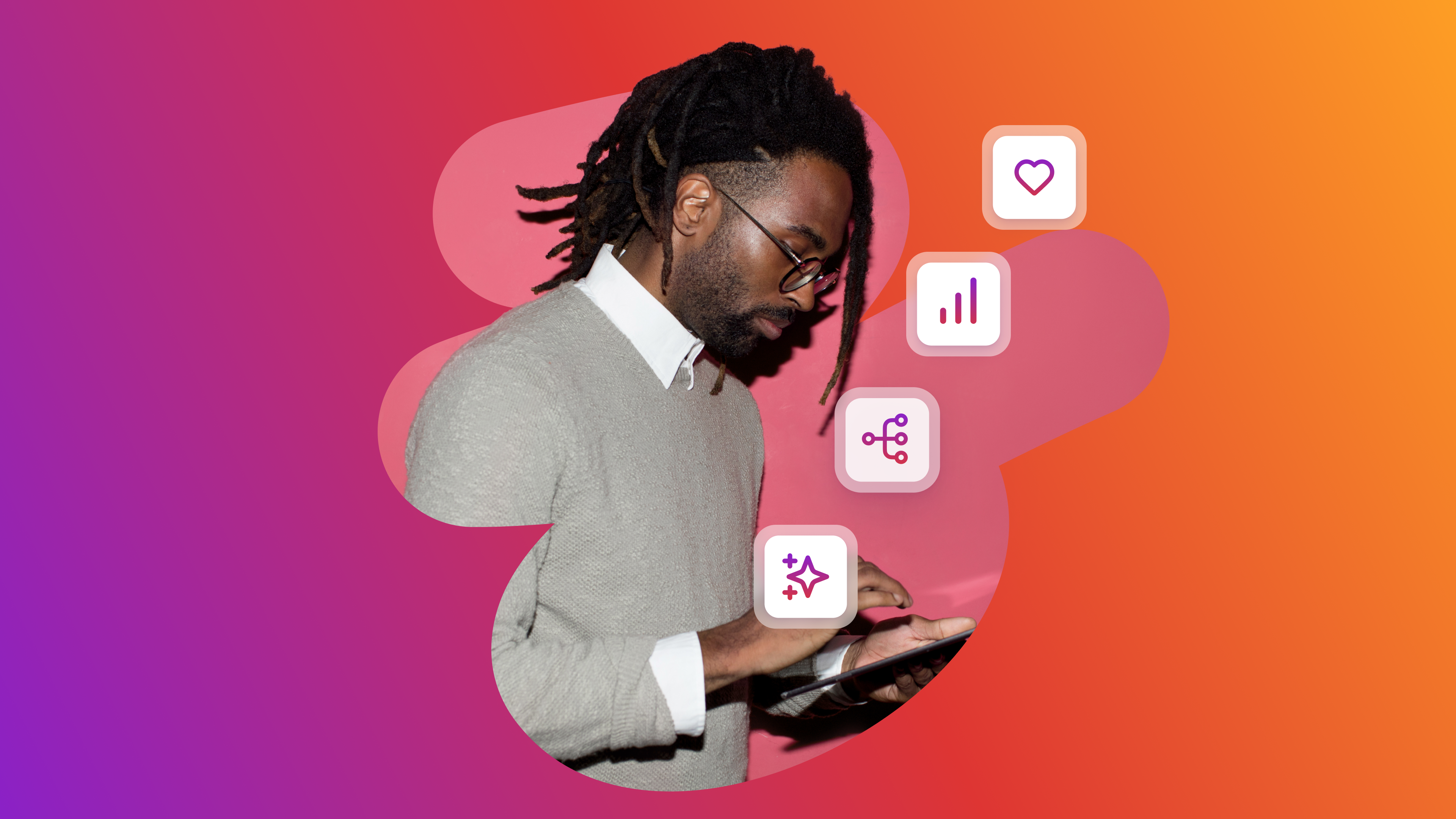 Man with locks and glasses using a tablet, with floating heart, bar graph, network, and sparkle icons on a colorful gradient background.